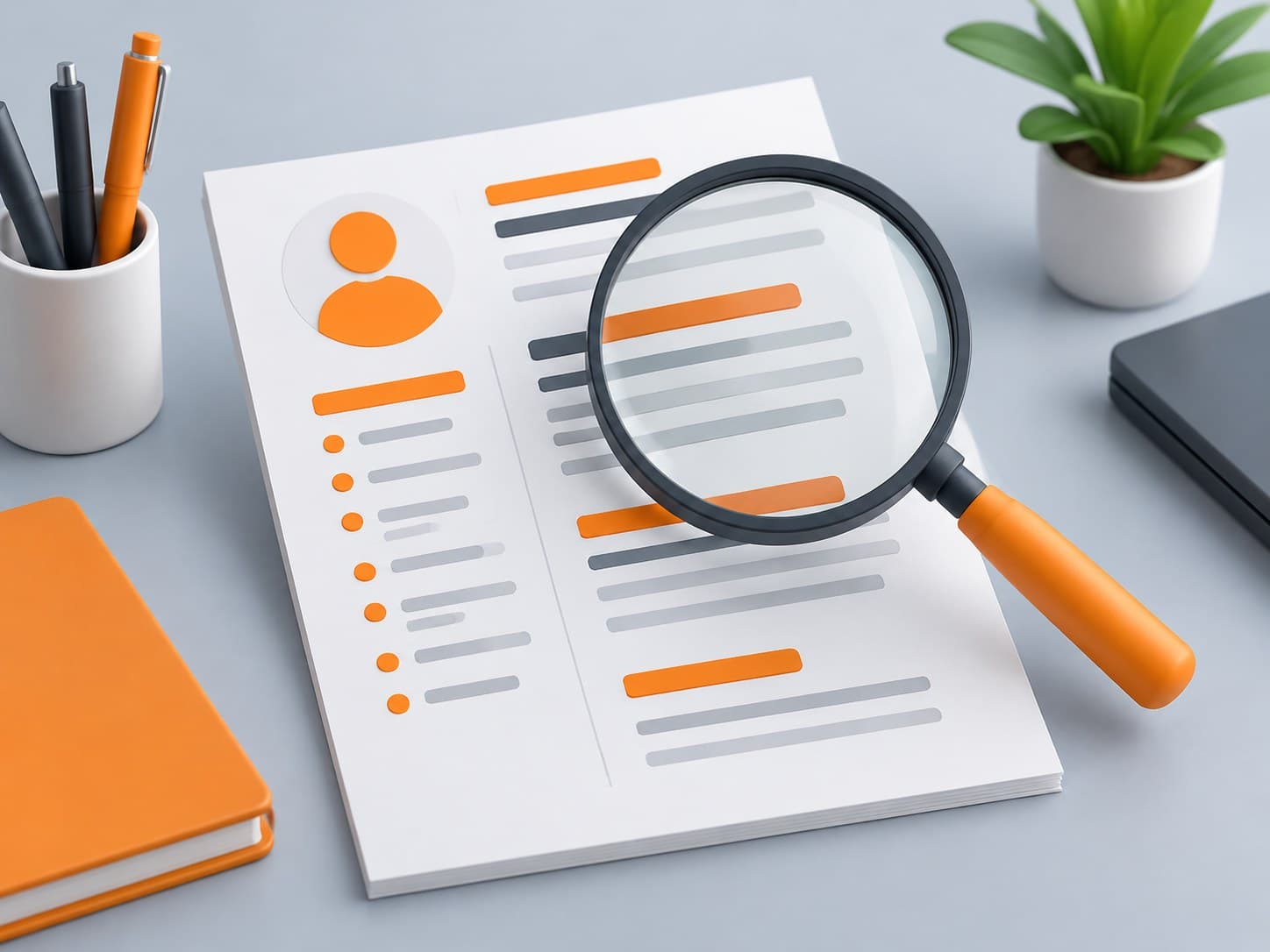 Illustration of a resume document on a desk with a magnifying glass, representing ATS resume scanning