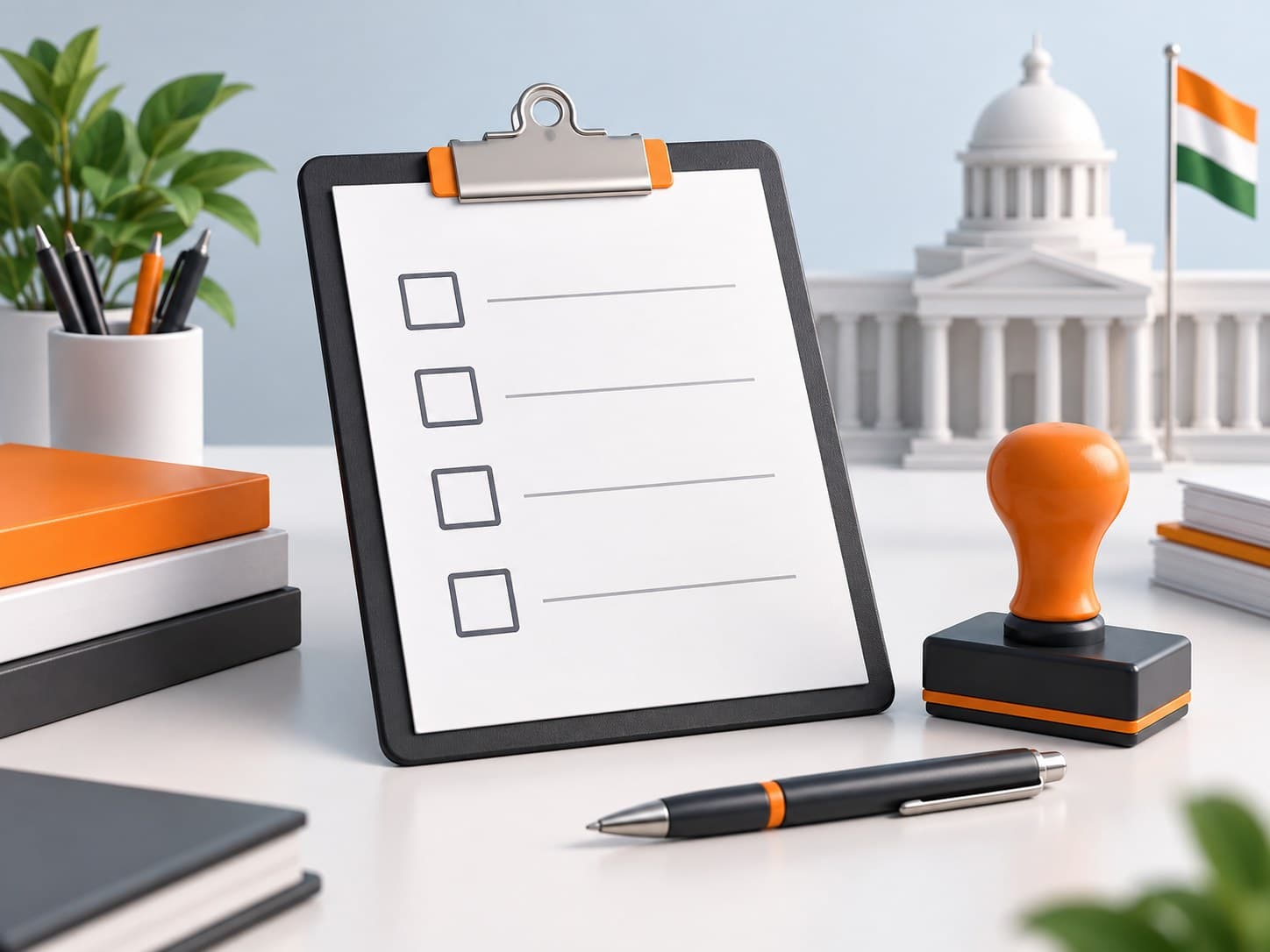 Illustration of a desk with a clipboard holding a checklist, a stamp and a pen, representing SSC CGL eligibility verification