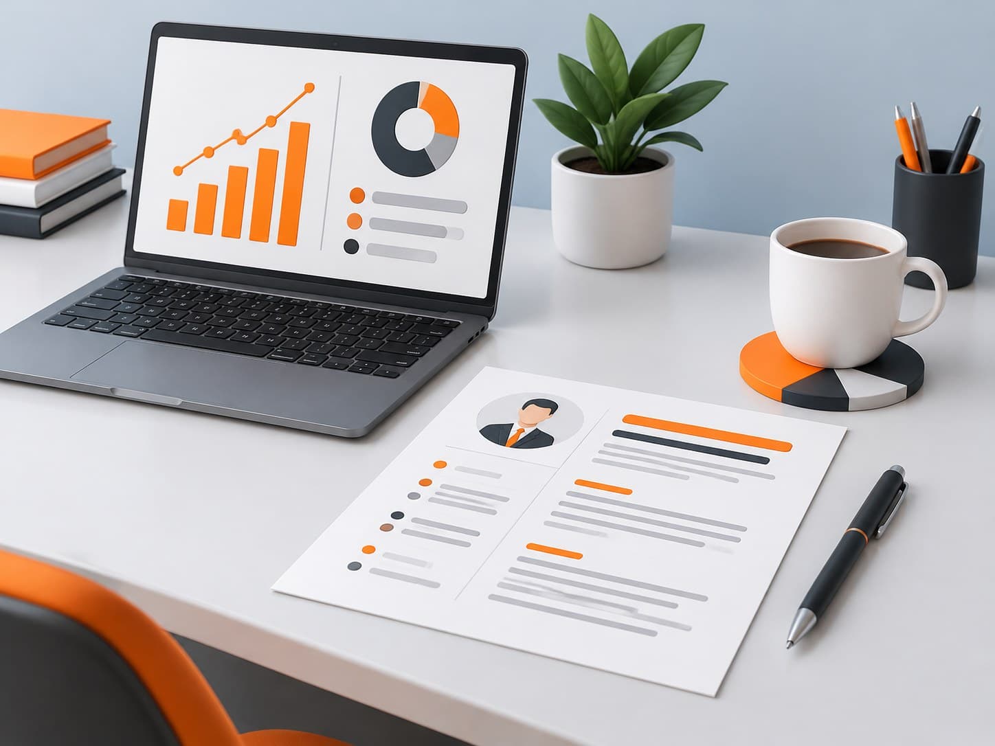 Illustration of a desk with a laptop, pie-chart coaster and a resume sheet, representing a business analyst resume