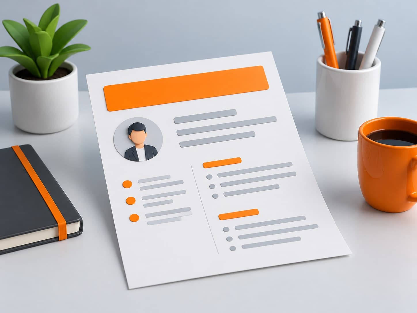 Illustration of a desk with a resume sheet topped by a highlighted blank banner strip, representing a resume headline