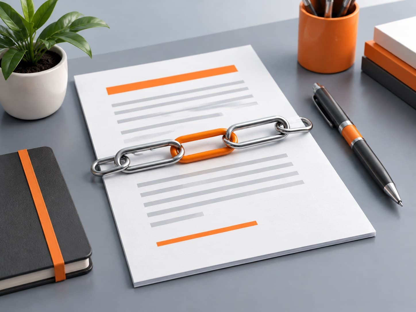 Illustration of a desk with a contract sheet, a paperclip chain and a pen, representing an employment bond in IT companies