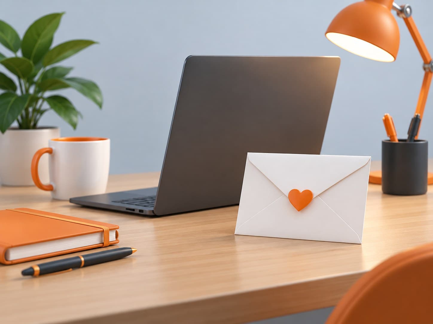 Illustration of a desk with a laptop and an envelope with a heart seal, representing a job referral request message