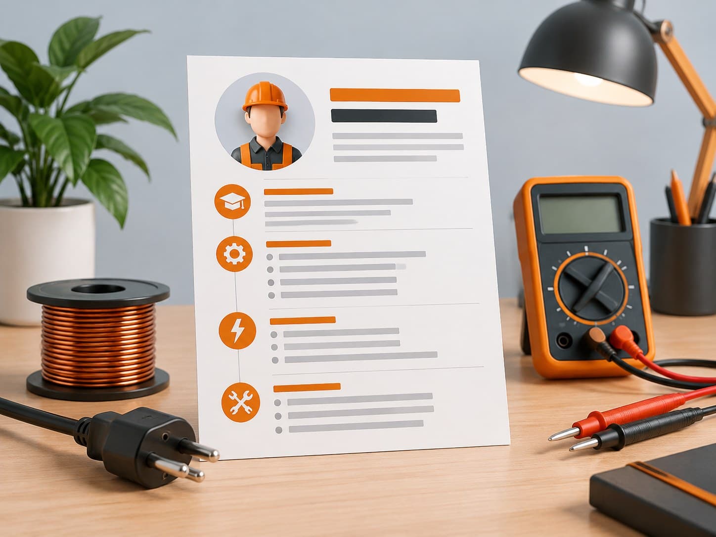 Illustration of a desk with a coil, a plug, a multimeter-style cube and a resume sheet, representing an electrical engineer resume