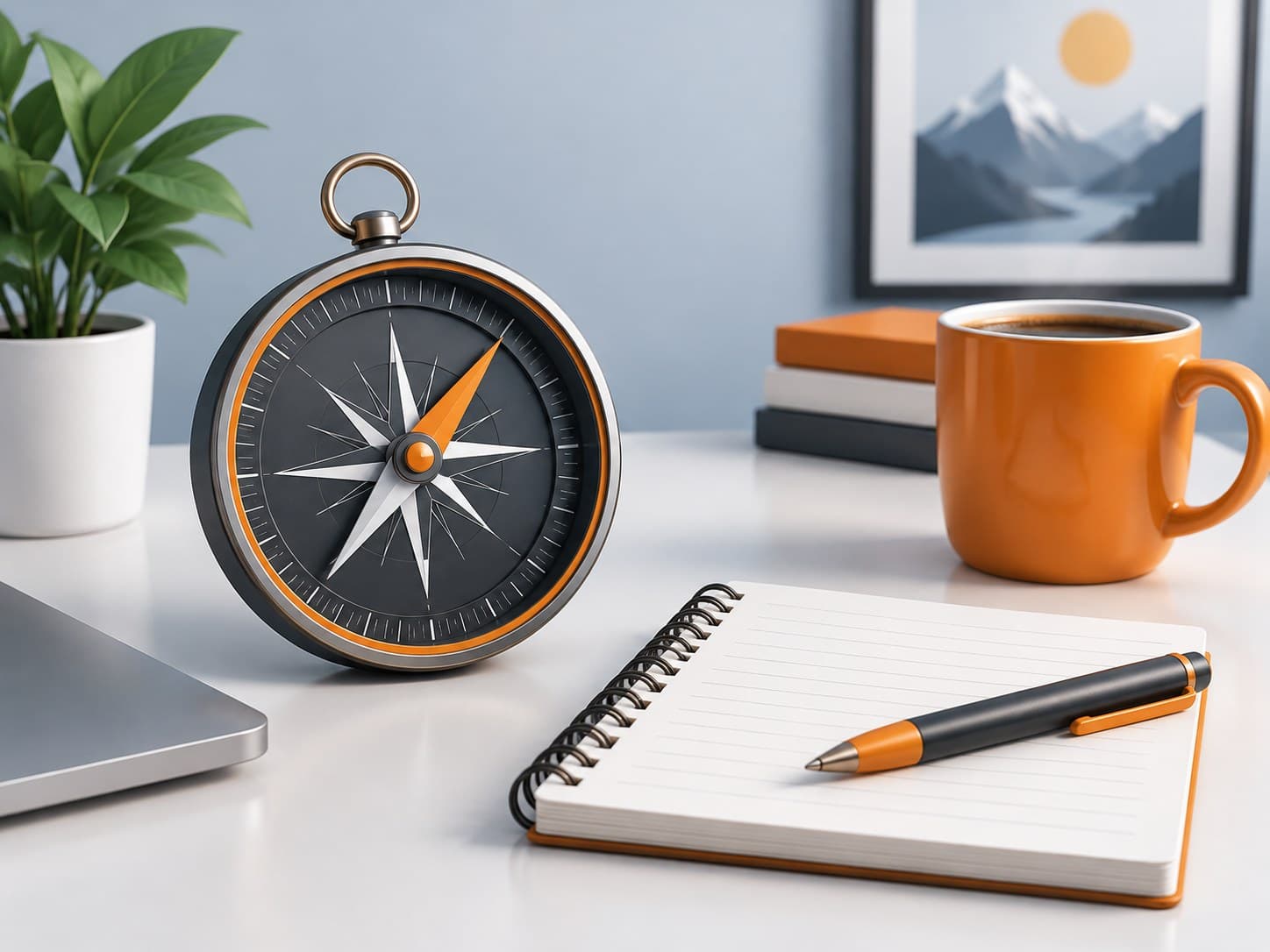 Illustration of a desk with a compass, notepad and coffee mug, representing career guidance