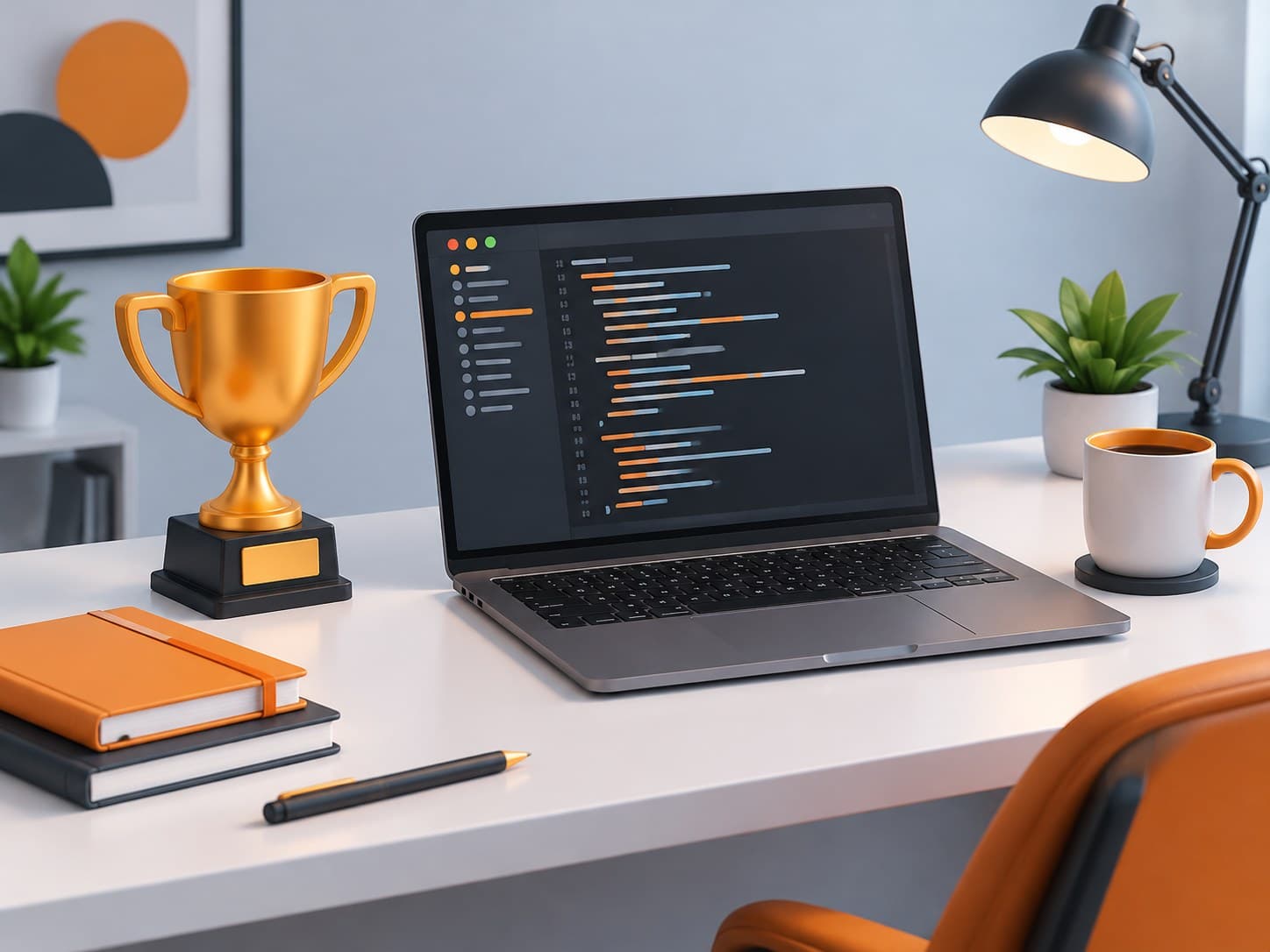 Illustration of a desk with a laptop, a trophy figurine and a coffee mug, representing the TCS CodeVita coding competition