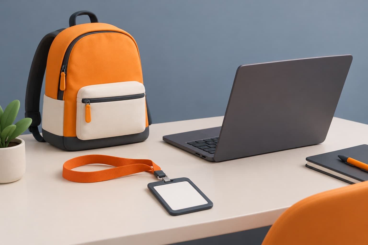 Illustration of a desk with a backpack, a laptop and a blank lanyard ID badge, representing a first internship with no experience