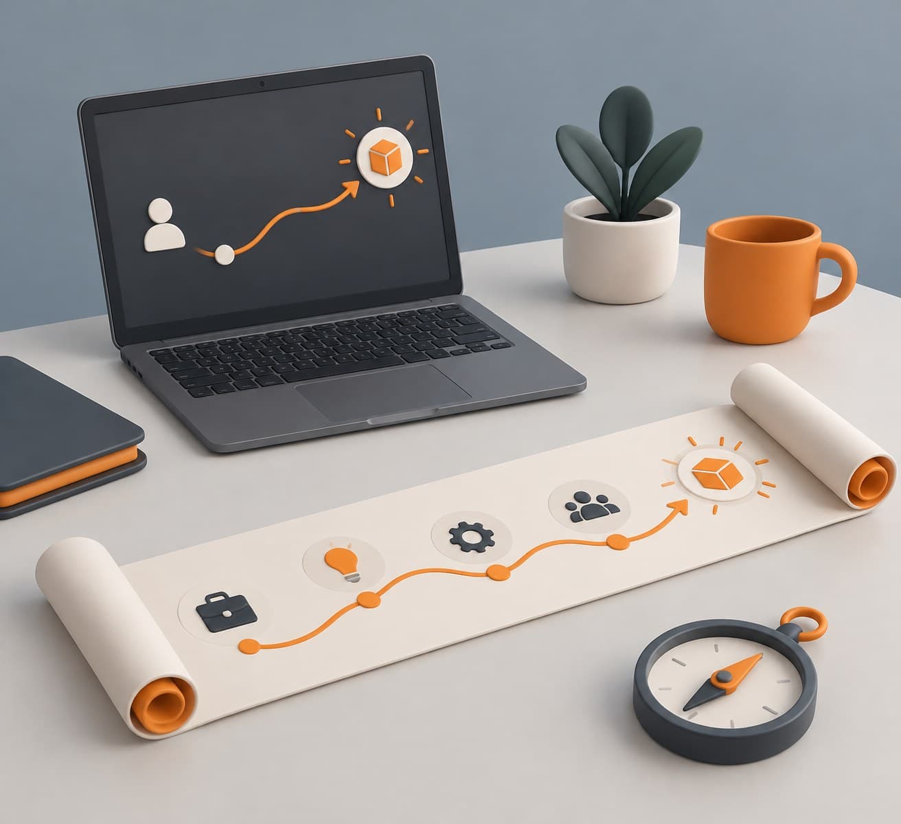 Illustration of a desk with a laptop, an unrolled roadmap scroll and a compass, representing a career switch to product management