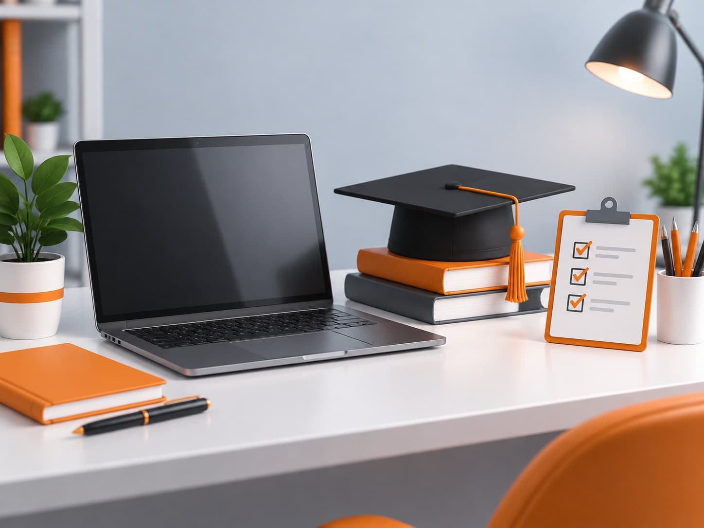 Illustration of a desk with a laptop, graduation cap and checklist clipboard, representing campus placement preparation