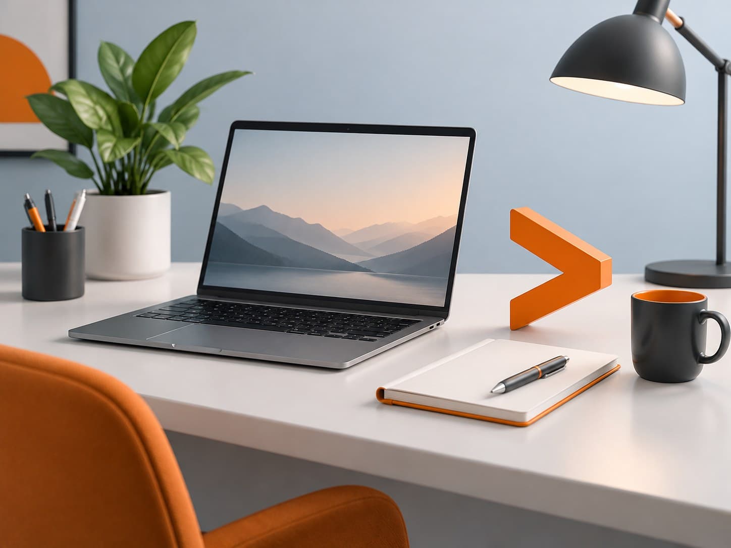 Illustration of a desk with a laptop, notepad and a greater-than-sign sculpture, representing consulting interview preparation