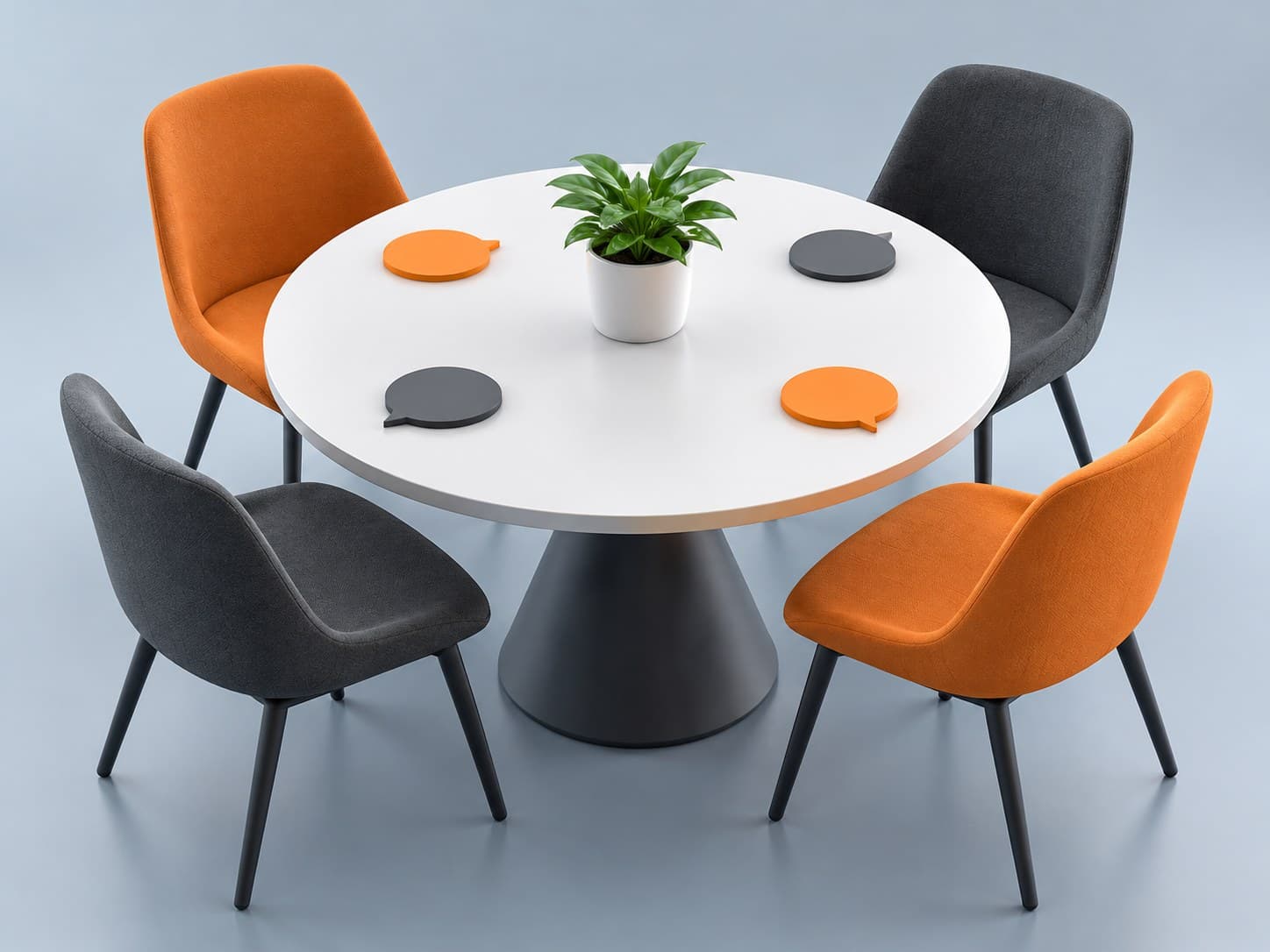 Illustration of a round table with four chairs and speech-bubble coasters, representing a group discussion