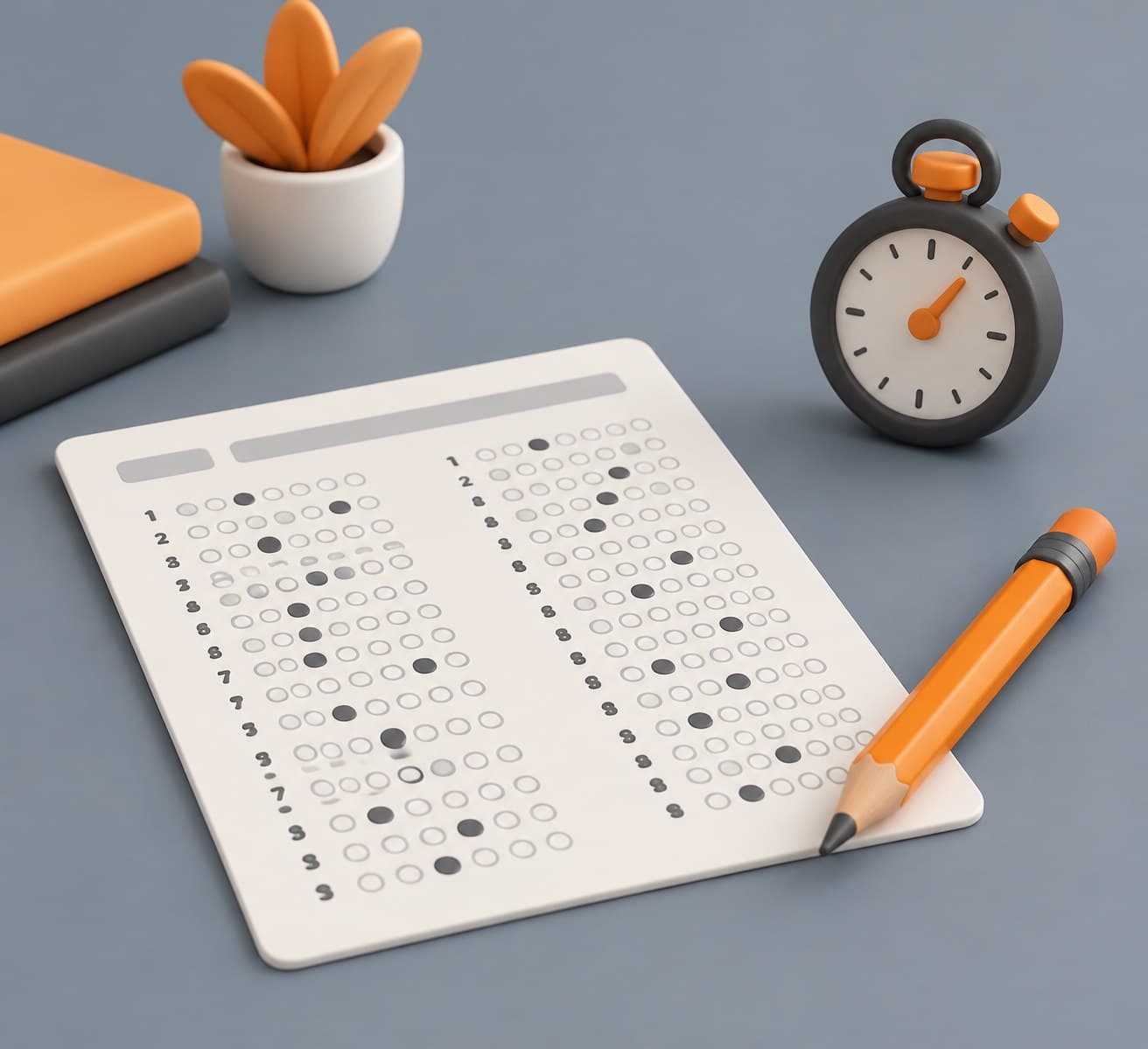 Illustration of a desk with an exam answer sheet, a pencil and a stopwatch, representing the SSC CGL exam pattern