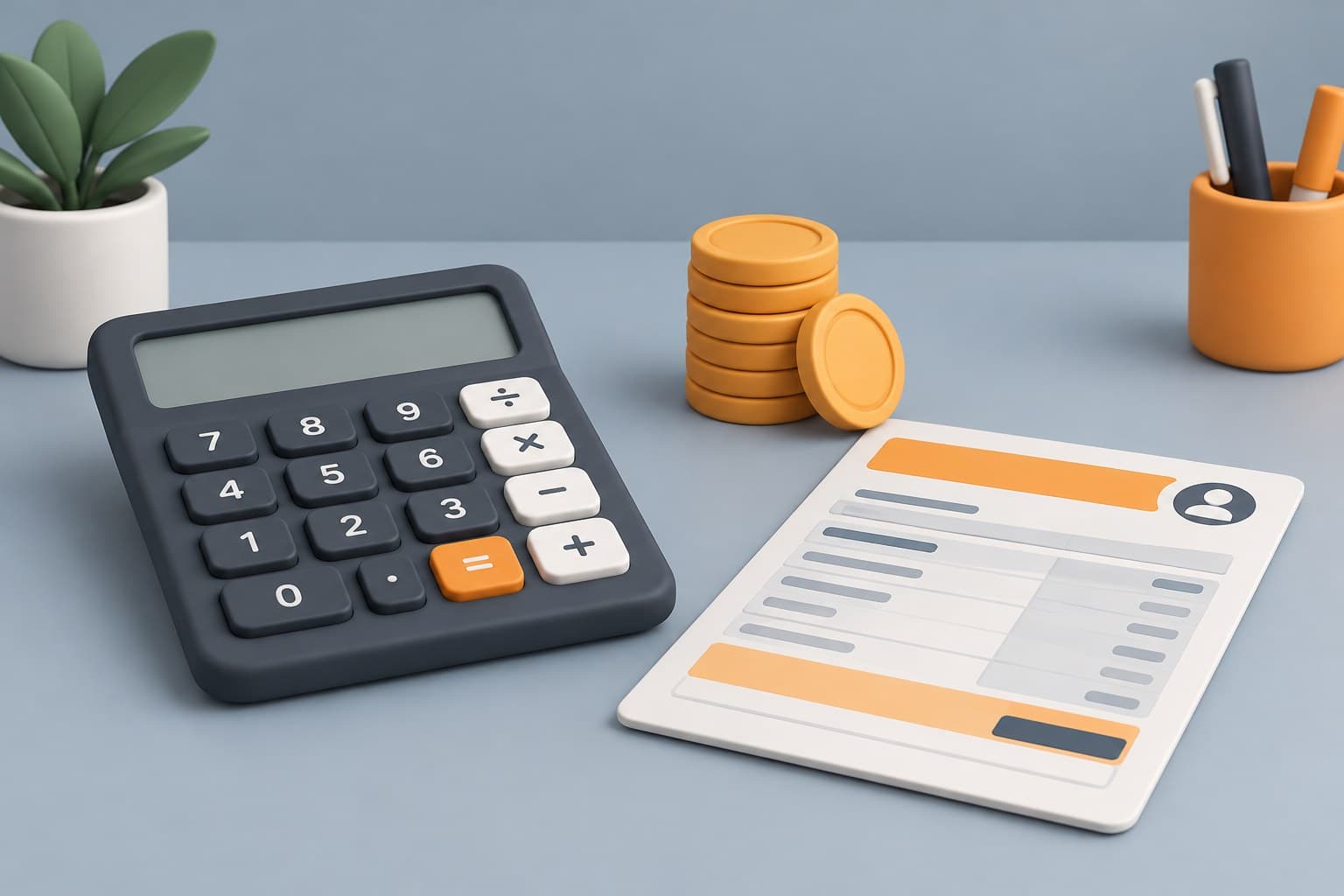 Illustration of a desk with a calculator, a stack of coins and a pay slip, representing in-hand salary on a 7 LPA package