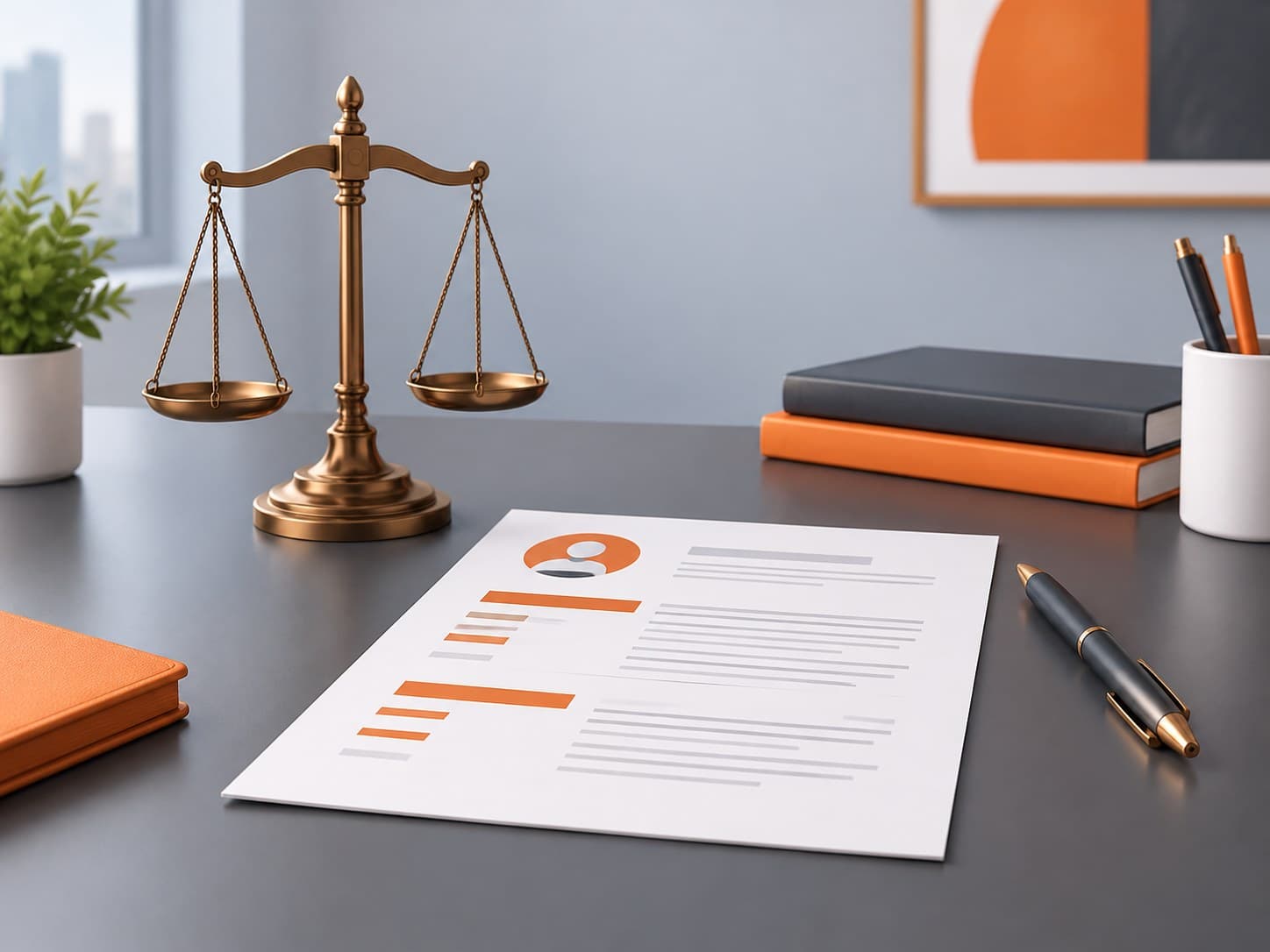 Illustration of a desk with a scales-of-justice figurine, a resume sheet and a pen, representing a legal resume
