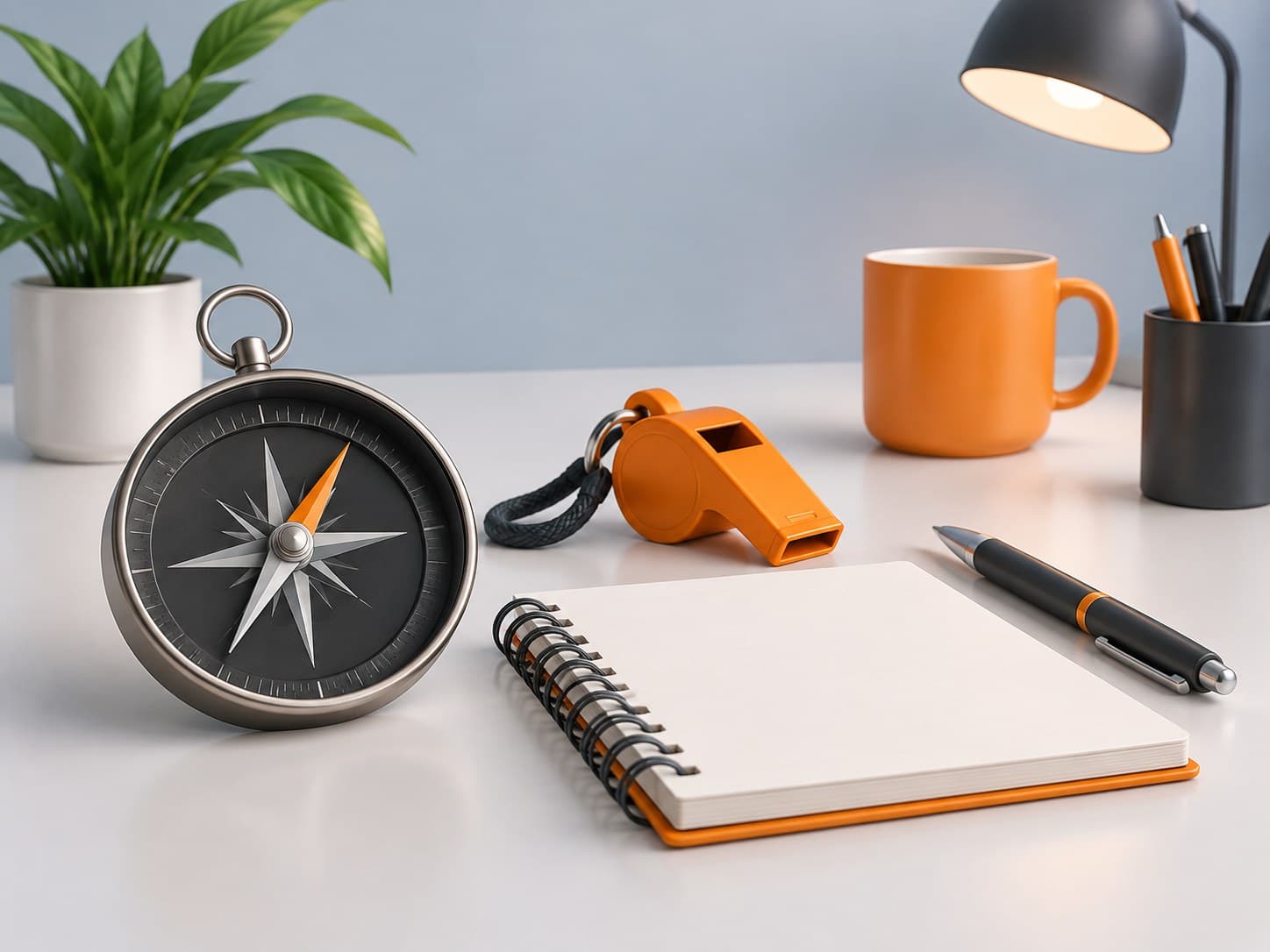 Illustration of a desk with a compass, a whistle and a notepad, representing a career coach in India