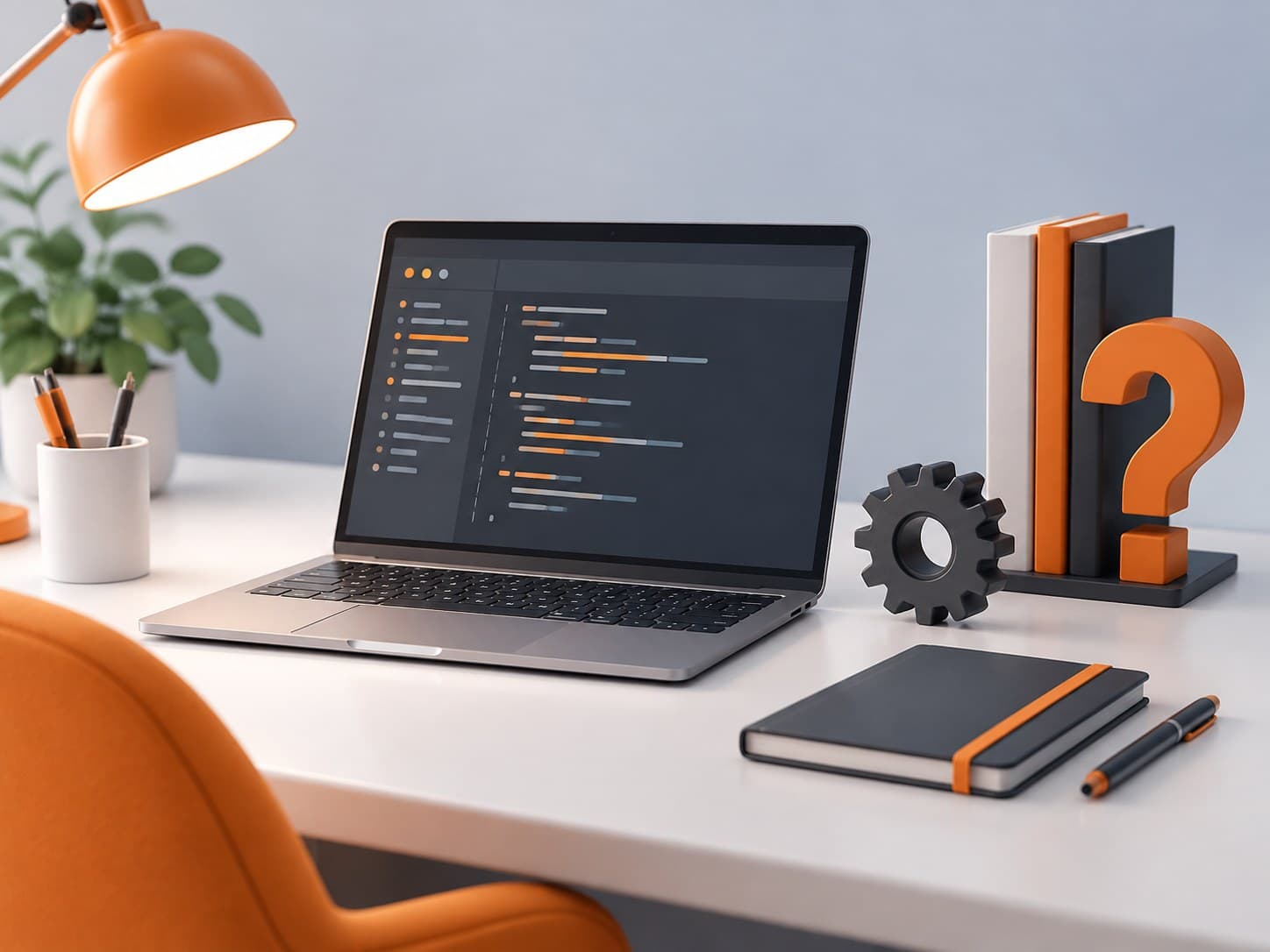 Illustration of a desk with a laptop, a gear and a question-mark bookend, representing a technical interview