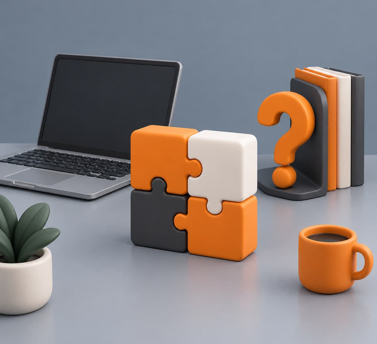 Illustration of a desk with four interlocking puzzle blocks, a laptop and a question-mark bookend, representing OOPs interview questions