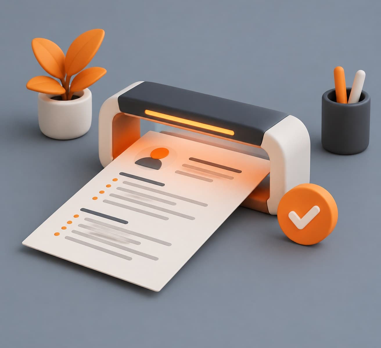 Illustration of a desk with a resume sheet passing under a small scanner arch with a check-mark token beside it, representing an ATS resume format