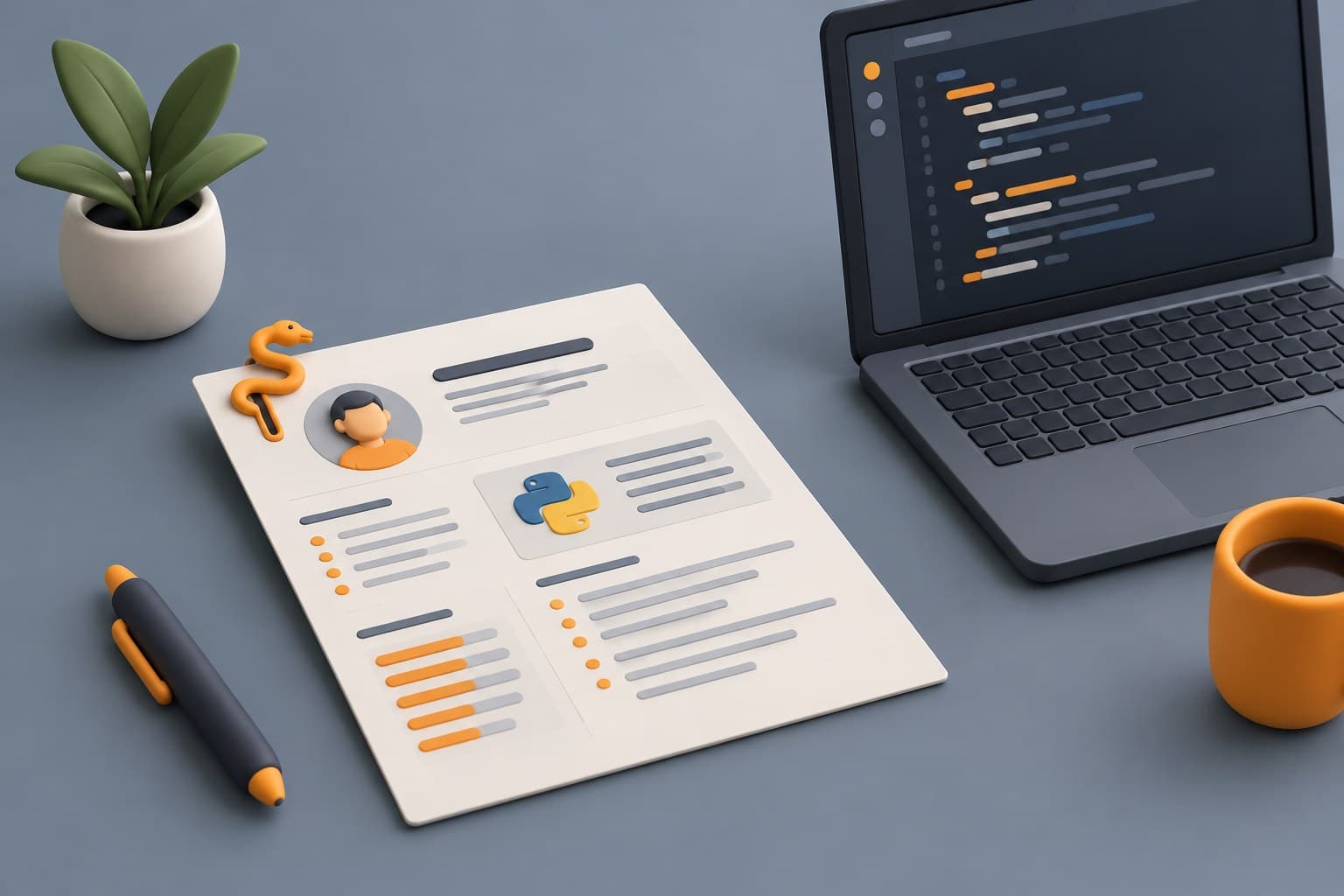 Illustration of a desk with a resume sheet, a snake-shaped paperclip and a laptop, representing a Python developer resume