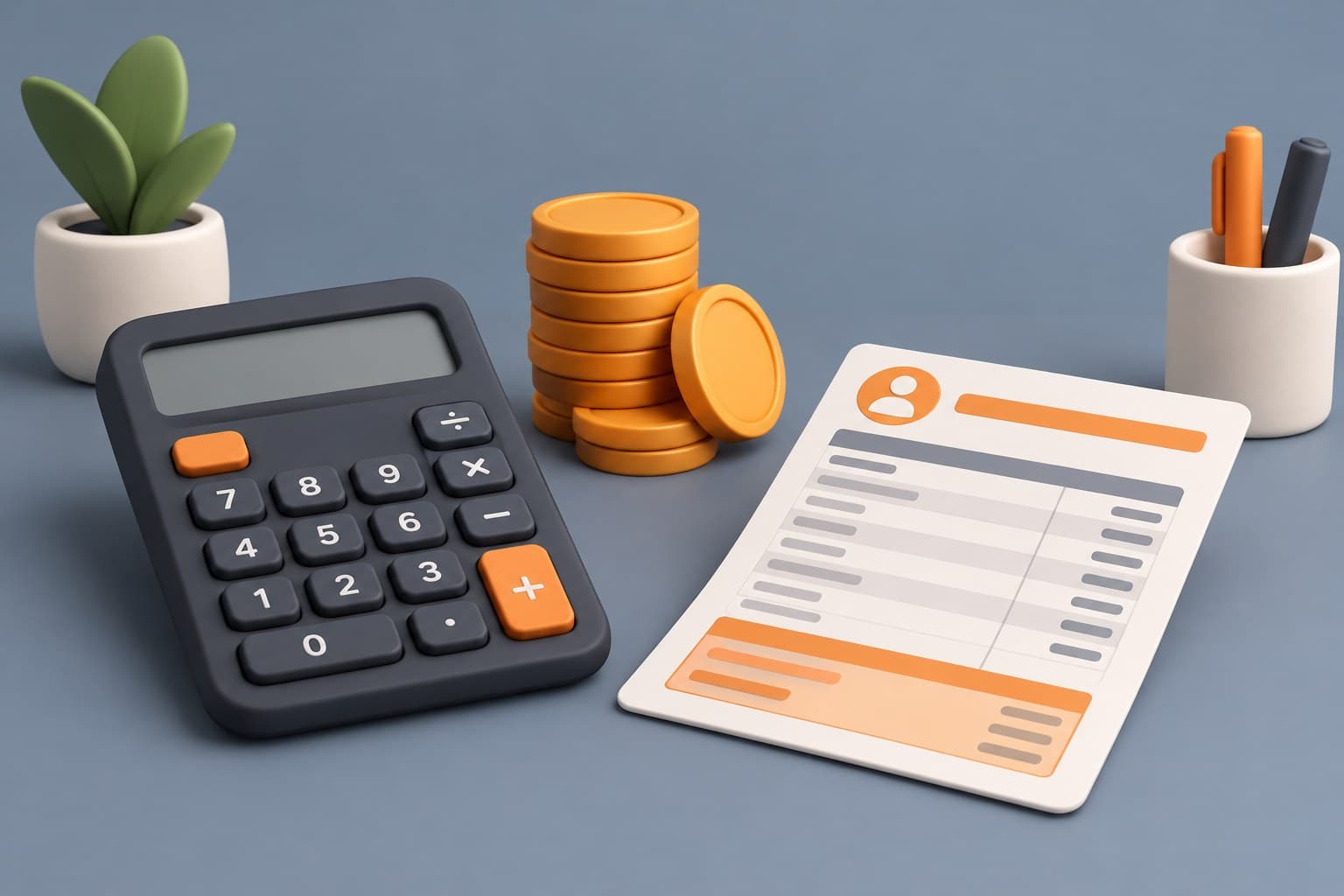 Illustration of a desk with a calculator, a stack of coins and a pay slip, representing in-hand salary on a 7.5 LPA package
