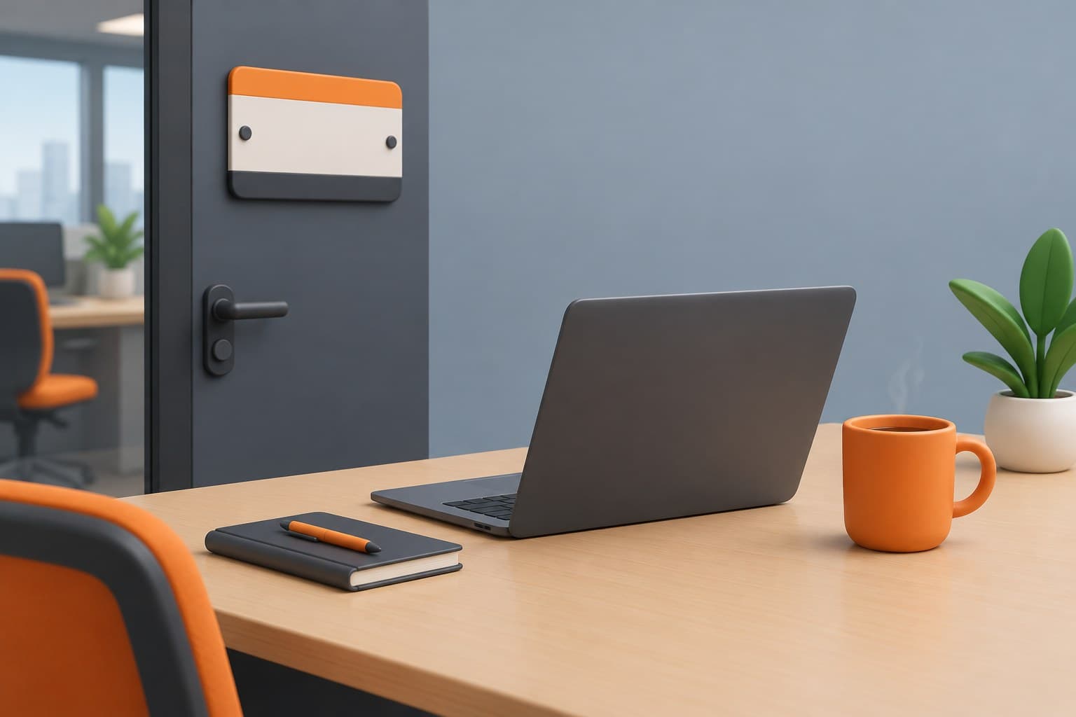 Illustration of a desk with an office door placard, a laptop and a coffee mug, representing entry-level jobs in India