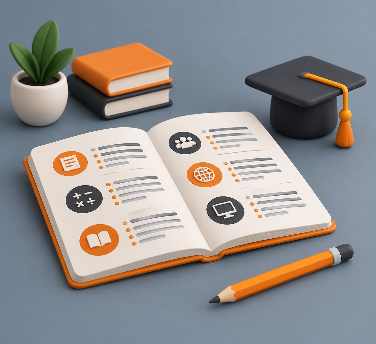 Illustration of a desk with an open exam syllabus booklet, a pencil and a graduation cap, representing the SSC CHSL syllabus