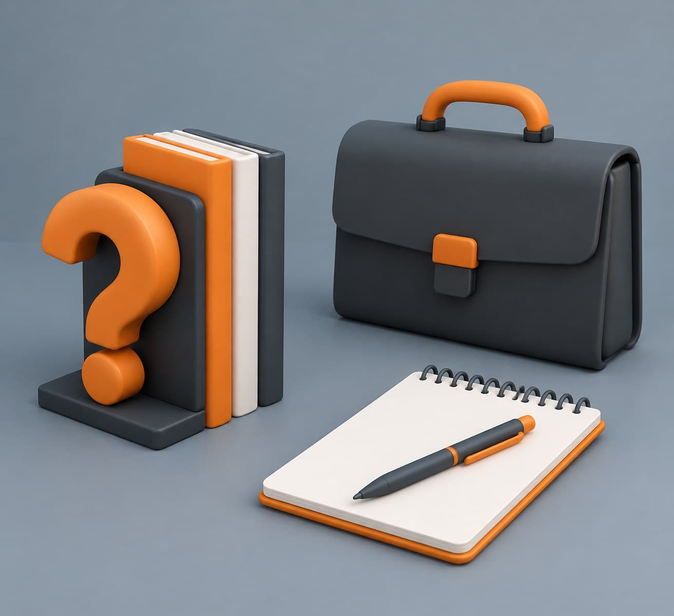 Illustration of a desk with a question-mark bookend, a briefcase and a notepad, representing the why-do-you-want-this-job interview question