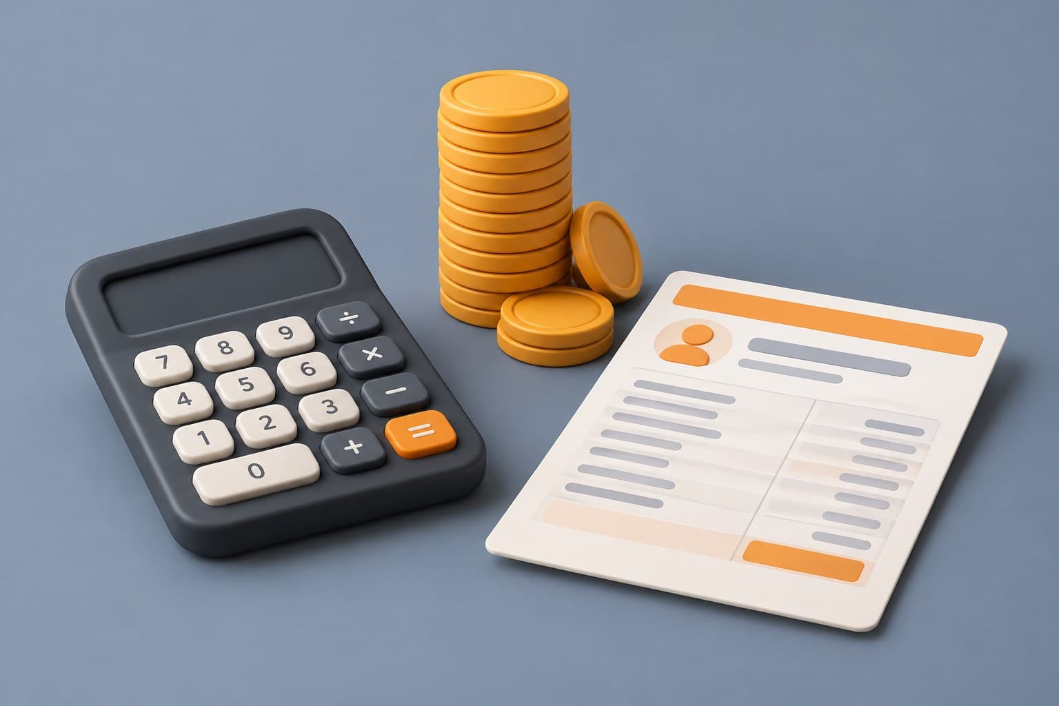 Illustration of a desk with a calculator, a tall stack of coins and a pay slip, representing in-hand salary on a 25 LPA package