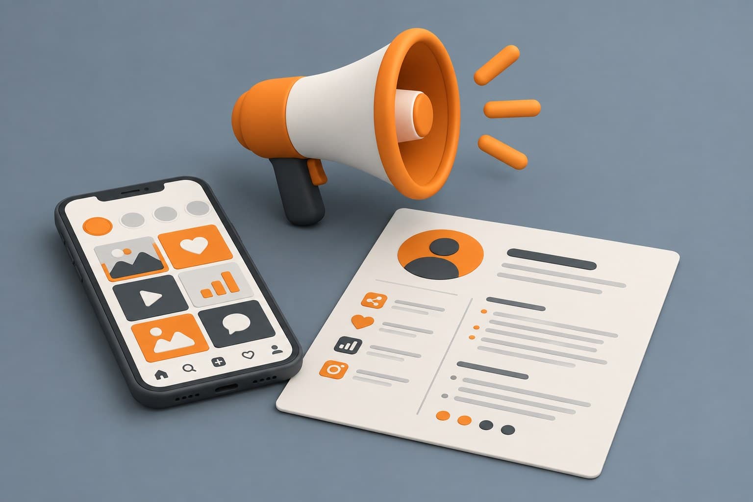 Illustration of a desk with a phone, a megaphone and a resume sheet, representing a social media manager resume