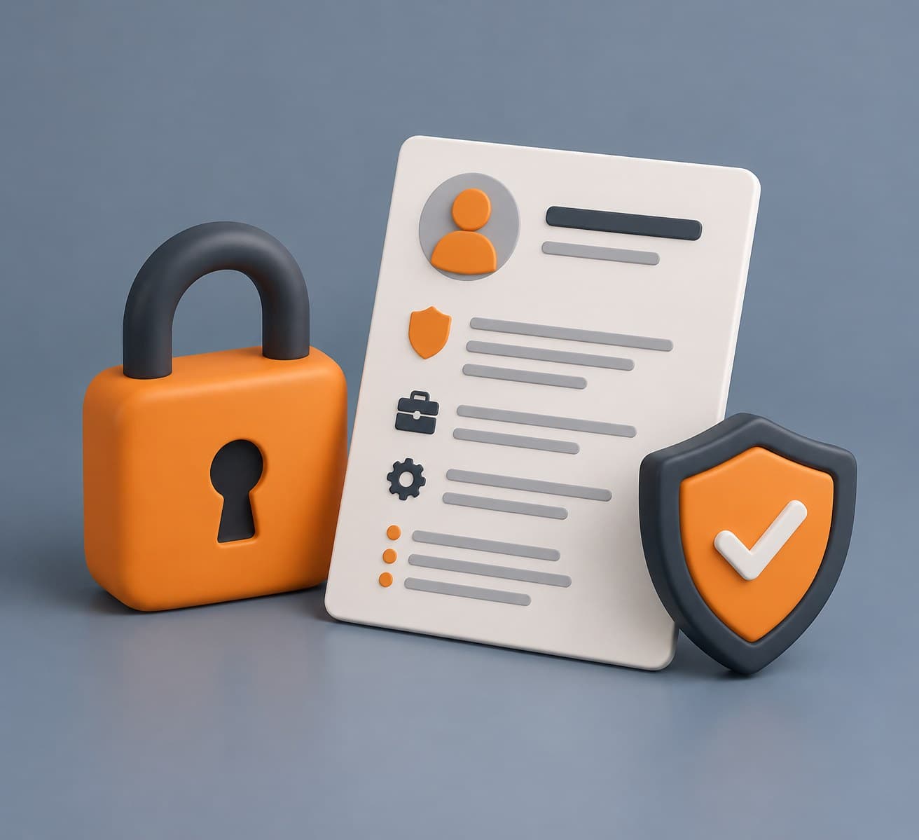 Illustration of a desk with a padlock, a small shield and a resume sheet, representing a cyber security resume