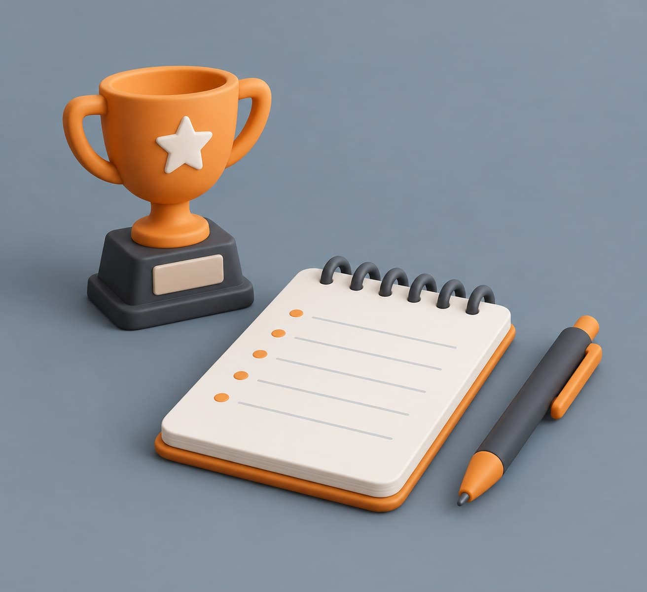 Illustration of a desk with a small trophy figurine, a notepad and a pen, representing answering the strengths interview question
