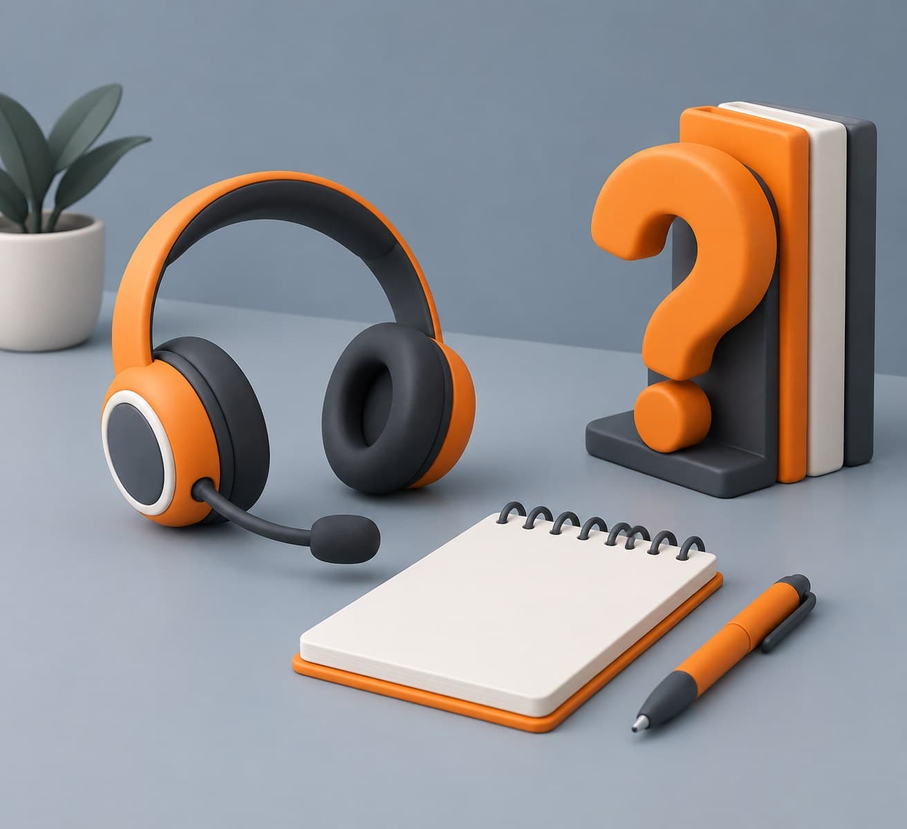 Illustration of a desk with a telephone headset, a notepad and a question-mark bookend, representing BPO interview questions