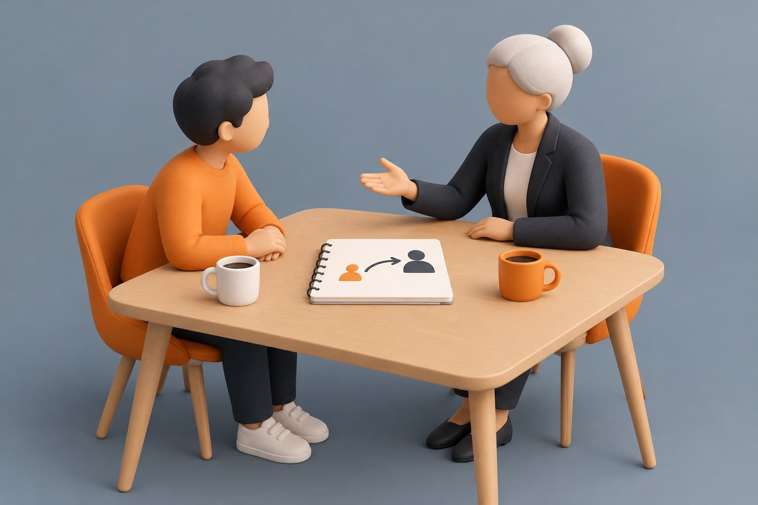 Illustration of two chairs with coffee mugs and a notepad with an arrow drawn between them, representing finding a mentor