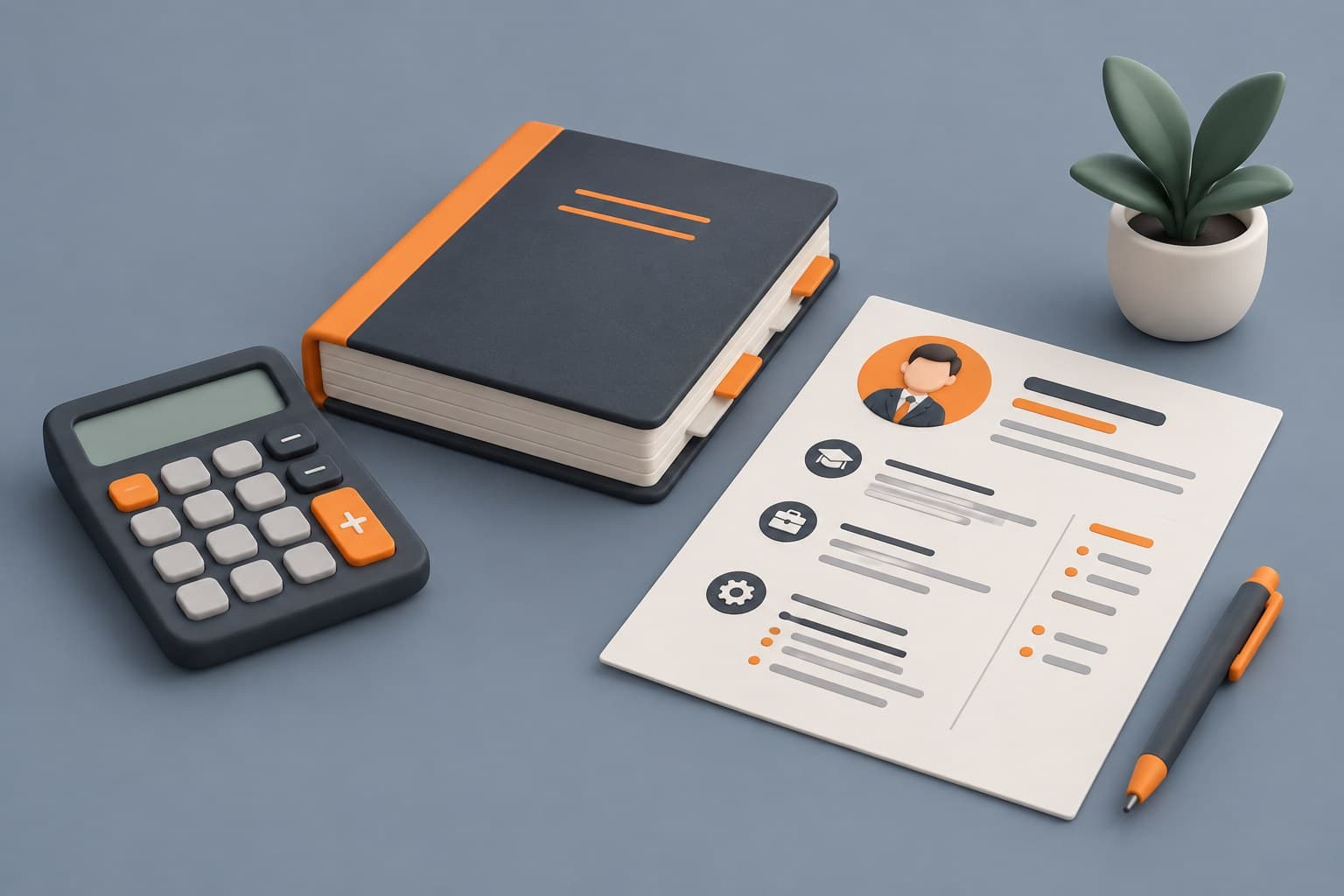 Illustration of a desk with a calculator, a ledger book and a resume sheet, representing a CA fresher resume