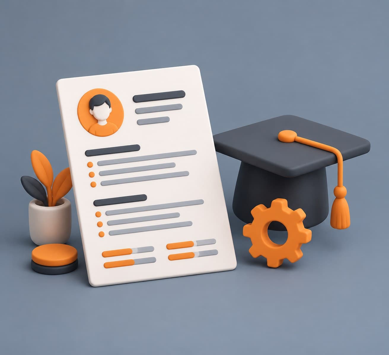 Illustration of a desk with a resume sheet, a graduation cap and a small gear, representing a BTech fresher resume