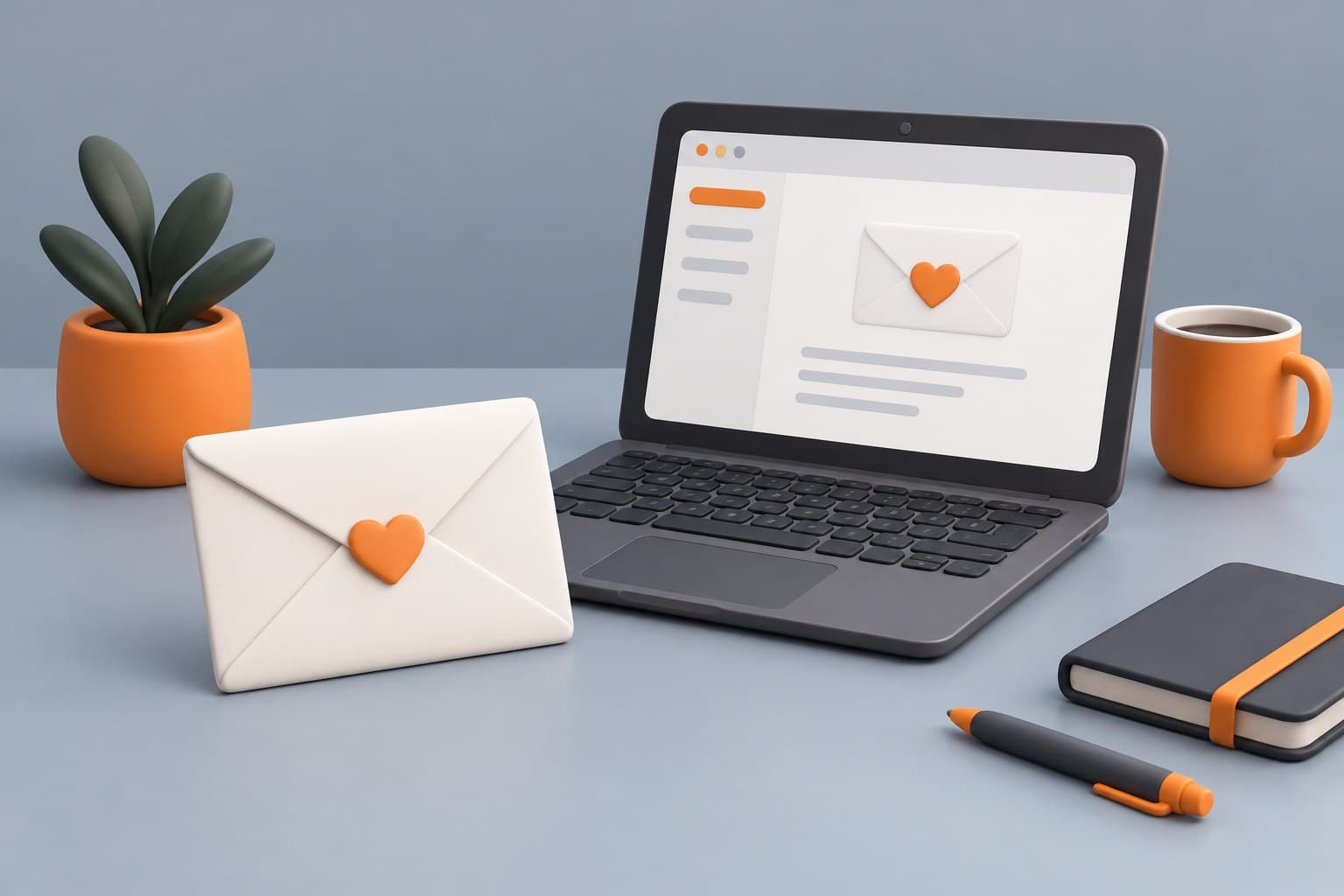 Illustration of a desk with an envelope with a heart seal beside a laptop, representing a thank-you email after an interview
