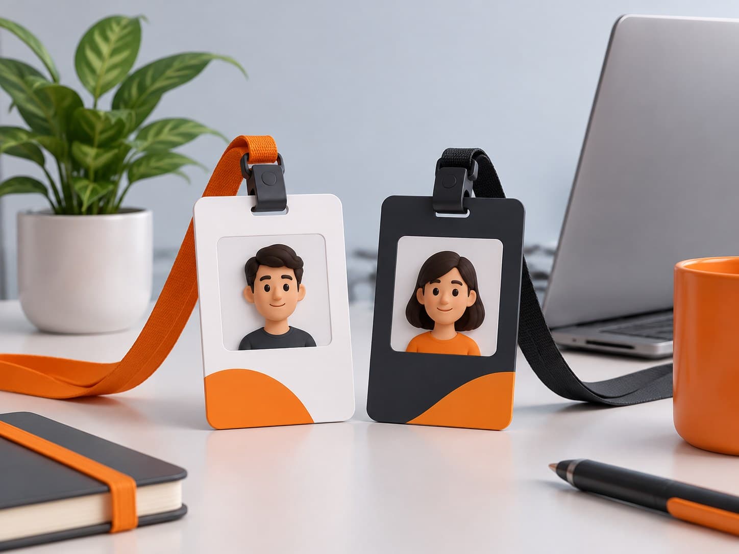 Illustration of a desk with two contrasting employee ID badges, a laptop and a small desk plant, representing internship vs full-time job