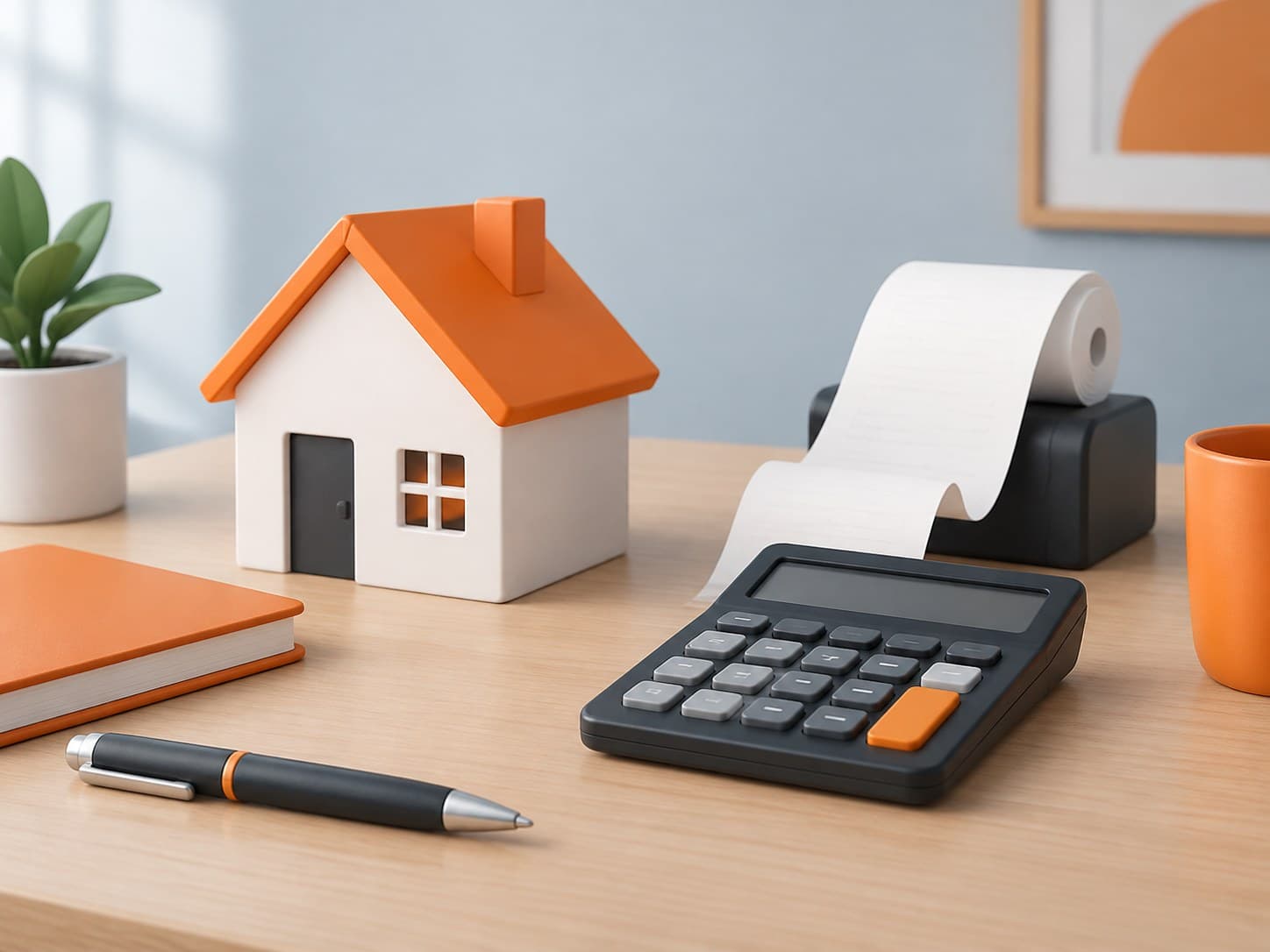 Illustration of a desk with a small house figurine, a calculator and a rent receipt roll, representing HRA exemption calculation