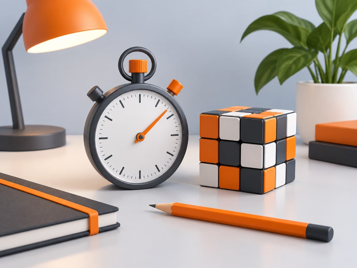 Illustration of a desk with a stopwatch, a pencil and a puzzle cube, representing aptitude test preparation