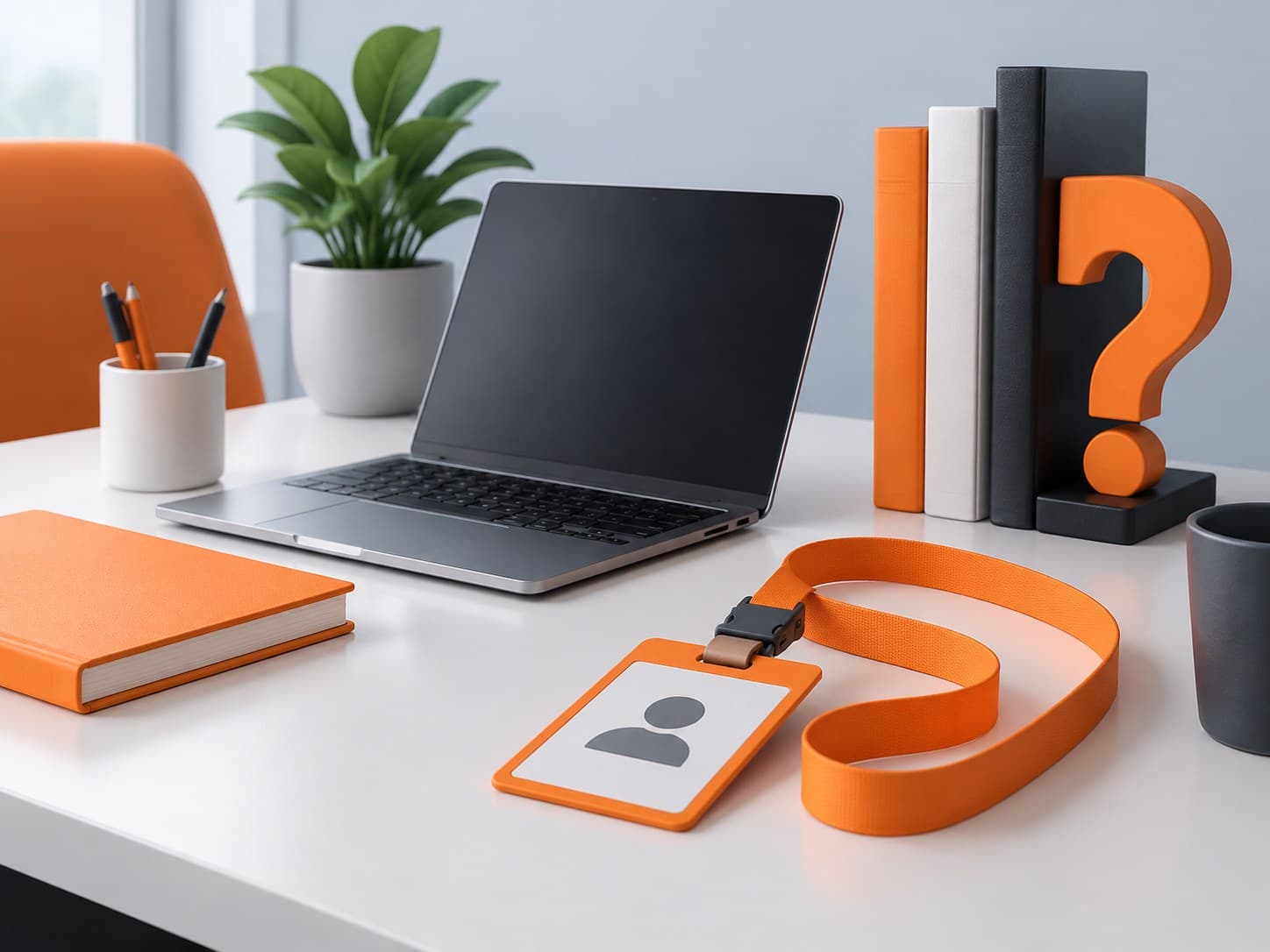 Illustration of a desk with a laptop, an employee ID lanyard and a question-mark bookend, representing Wipro interview questions