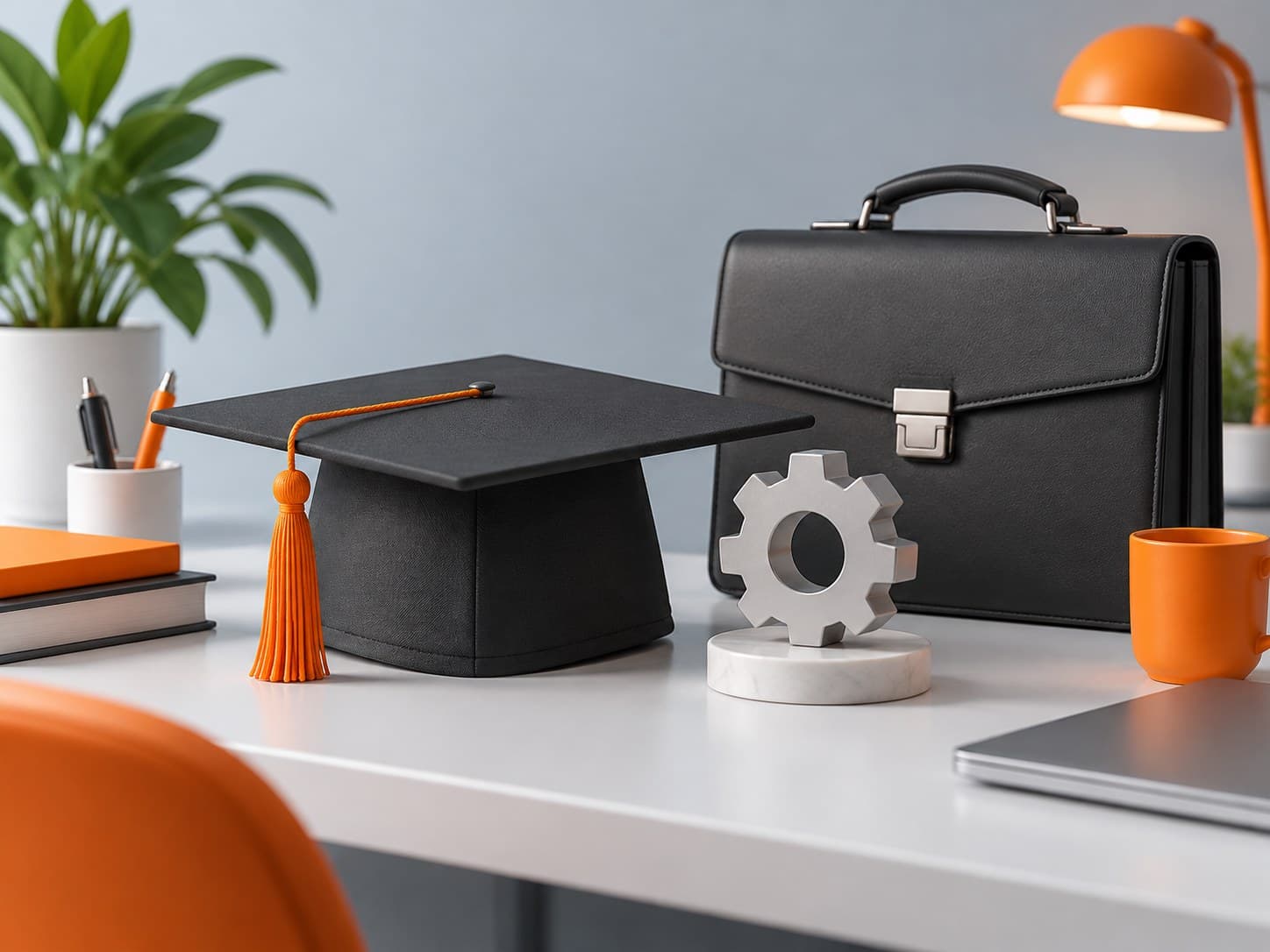 Illustration of a desk with a graduation cap, a gear-shaped paperweight and a briefcase, representing an MBA after engineering