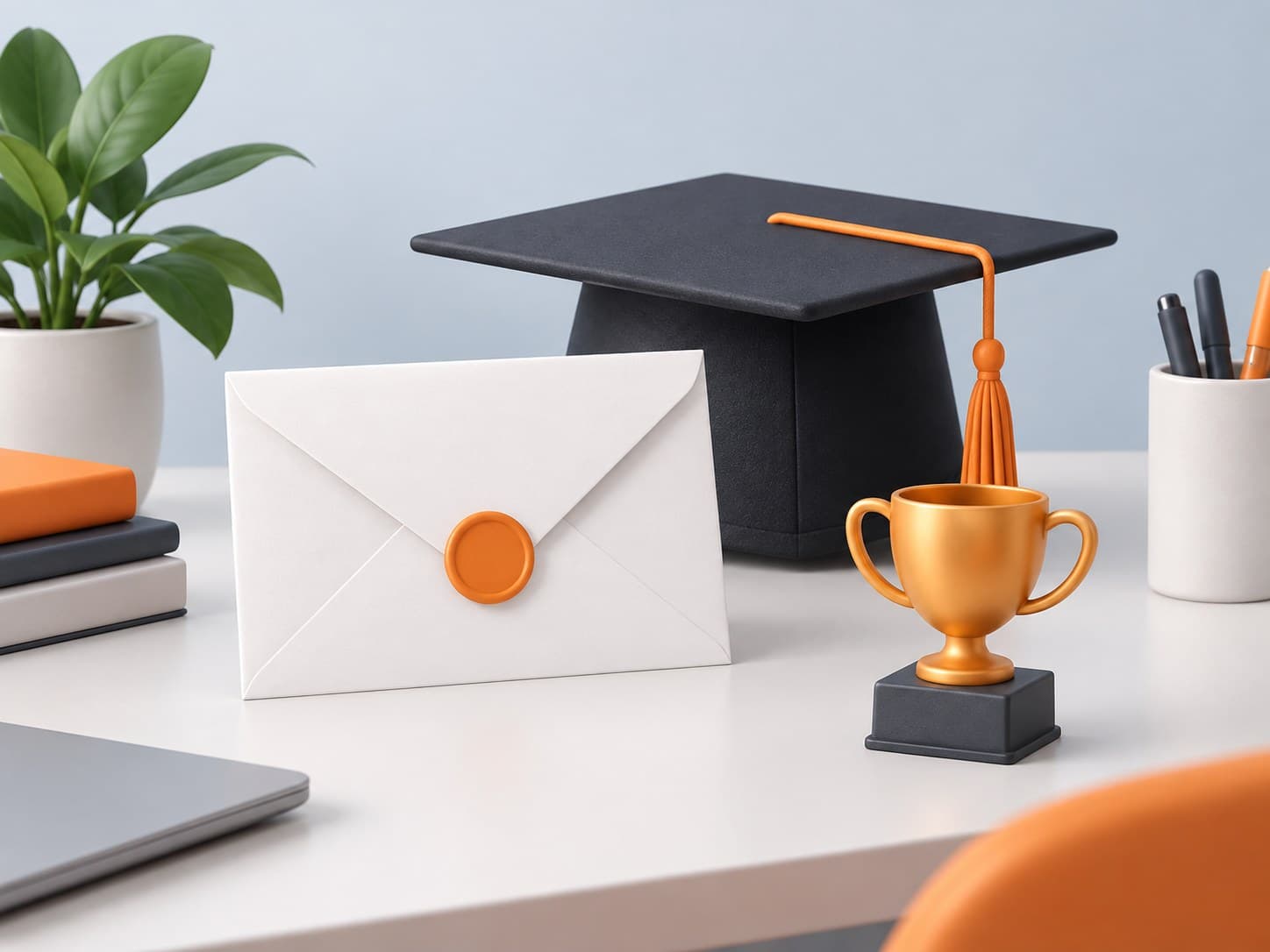 Illustration of a desk with a letter envelope, a graduation cap and a small trophy, representing a pre-placement offer
