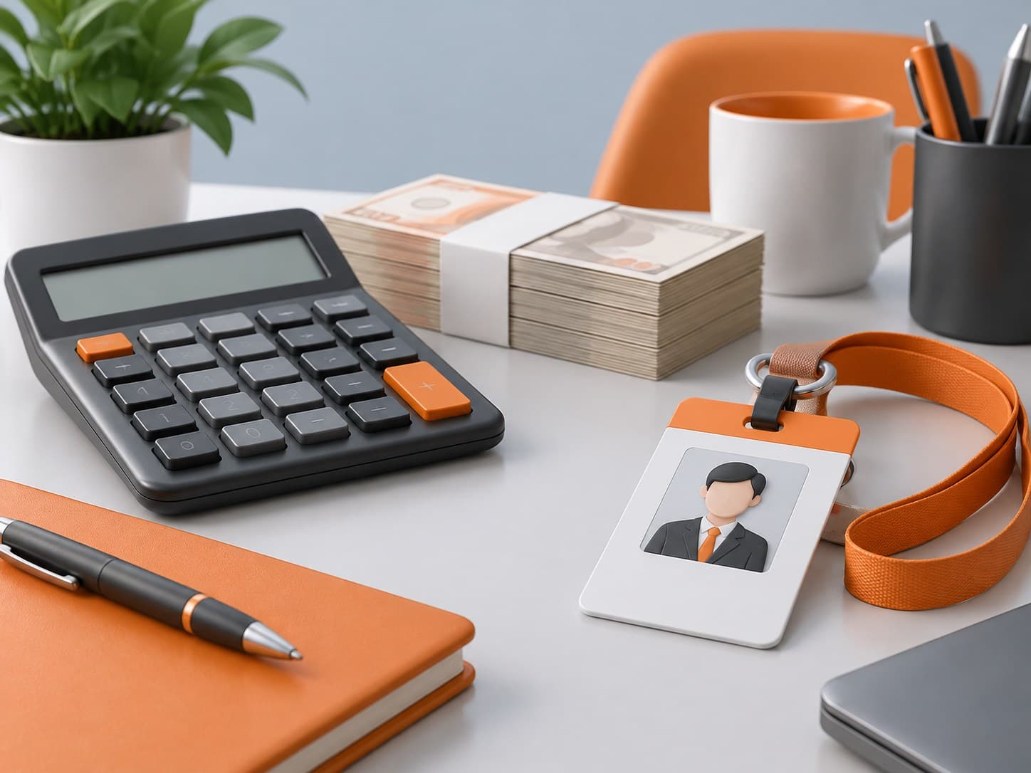Illustration of a desk with a calculator, a neat stack of banknotes and a government ID card on a lanyard, representing SSC CHSL salary