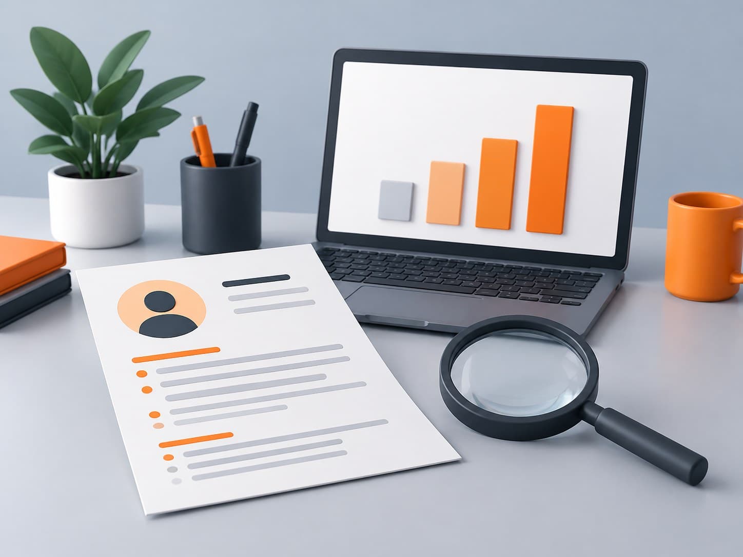 Illustration of a desk with a resume sheet, a laptop showing a simple bar chart and a magnifying glass, representing a data scientist resume
