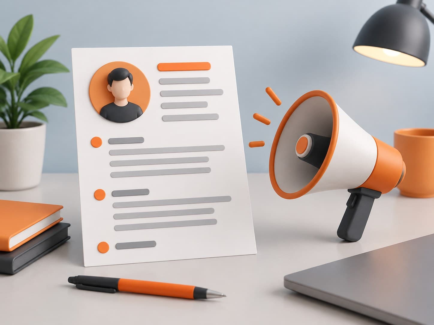 Illustration of a desk with a resume sheet and a small retro megaphone, representing a marketing fresher resume