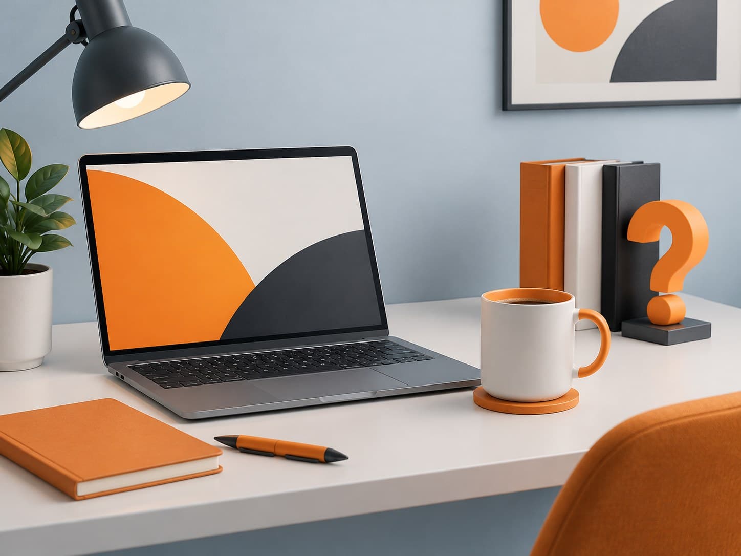 Illustration of a desk with a laptop, a coffee mug and a question-mark bookend, representing Cognizant interview questions