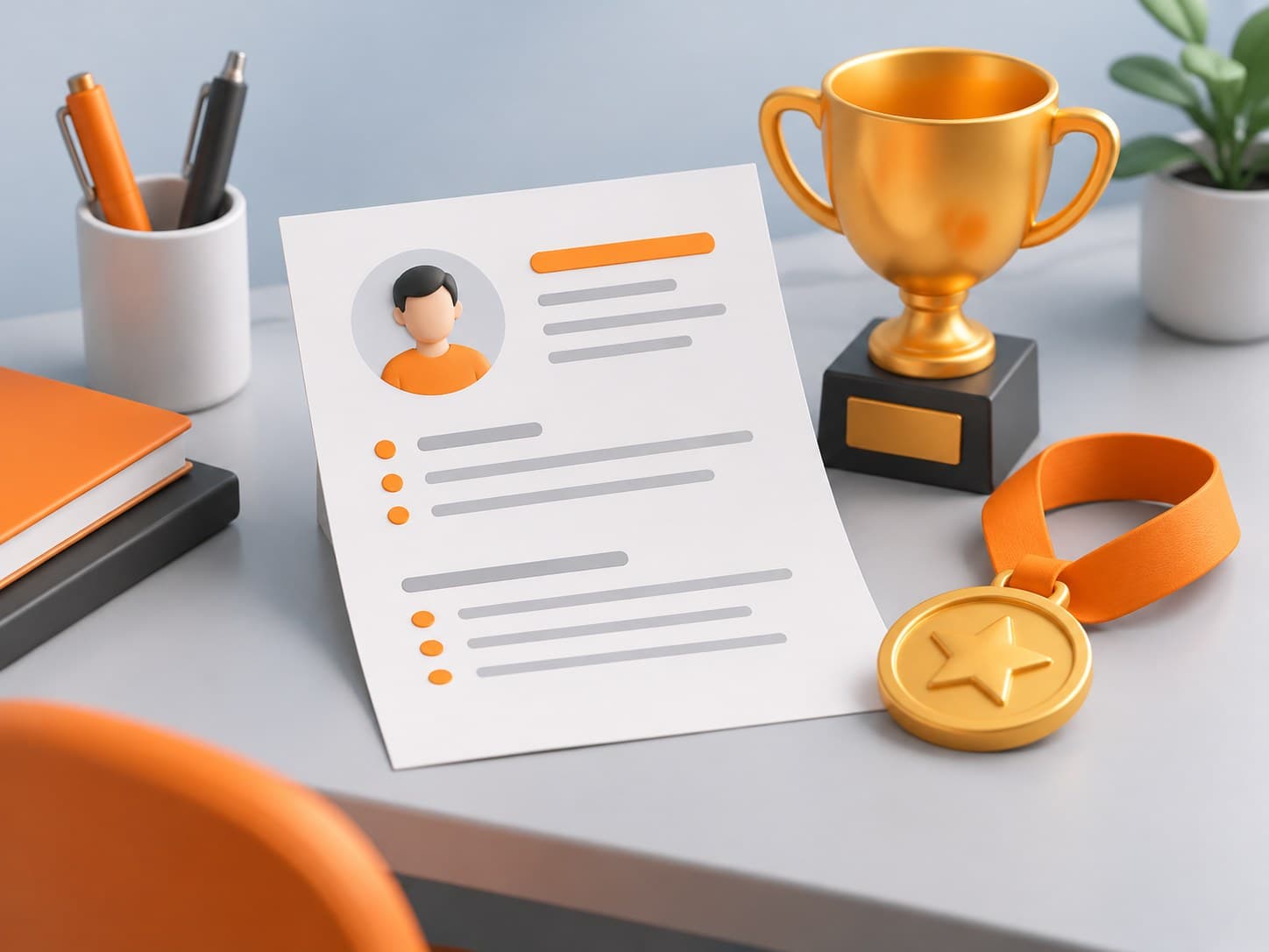 Illustration of a desk with a resume sheet, a small trophy and a medal on a ribbon, representing achievements in a resume