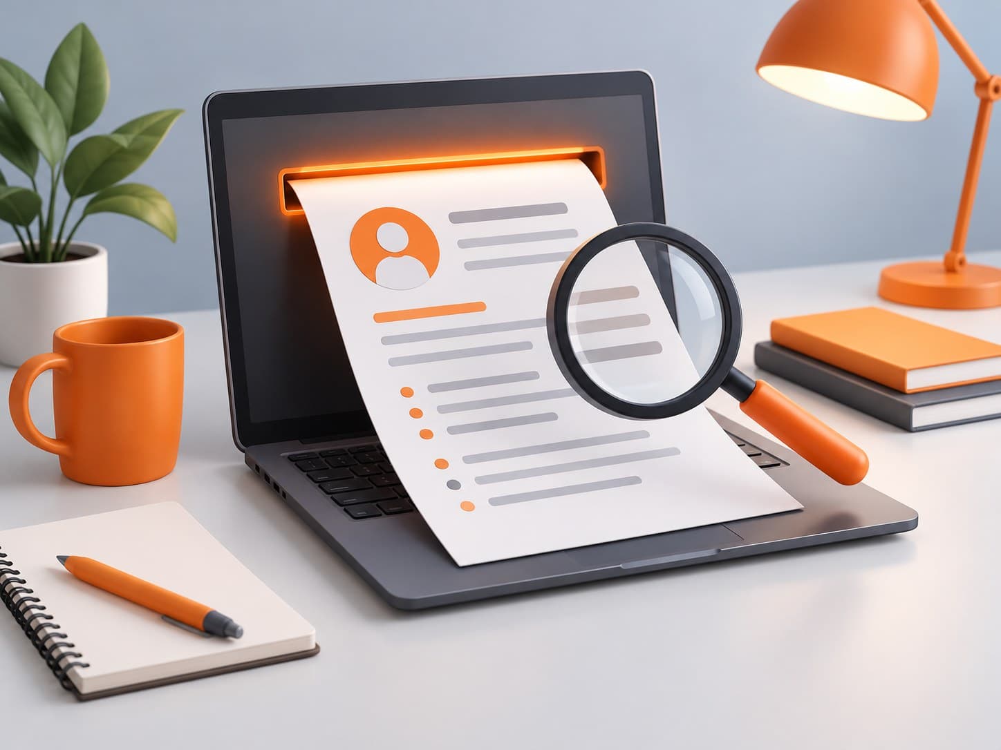 Illustration of a desk with a resume sheet feeding into an open laptop like a scanner and a magnifying glass, representing how ATS software works