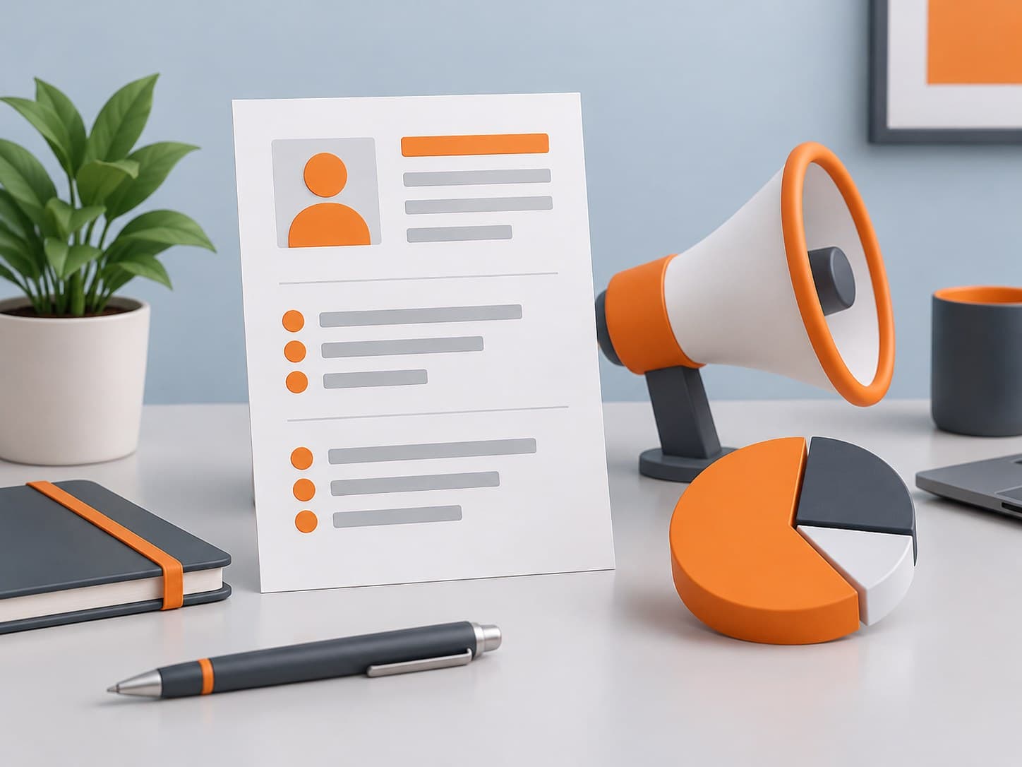 Illustration of a desk with a resume sheet, a small megaphone and a pie-chart prop, representing a marketing manager resume