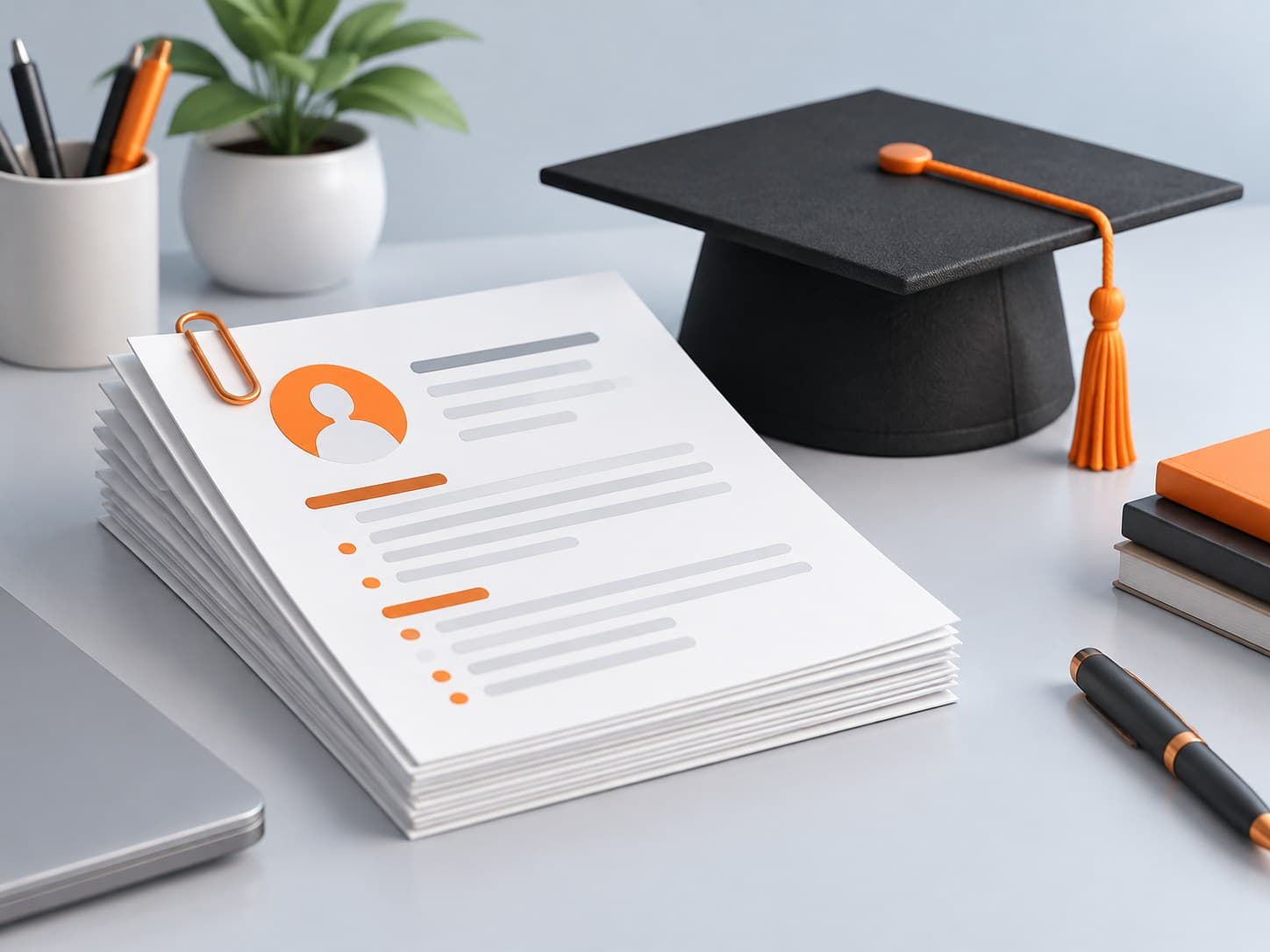 Illustration of a desk with a stack of resume sheets, a paper clip and a graduation cap, representing a resume format for freshers