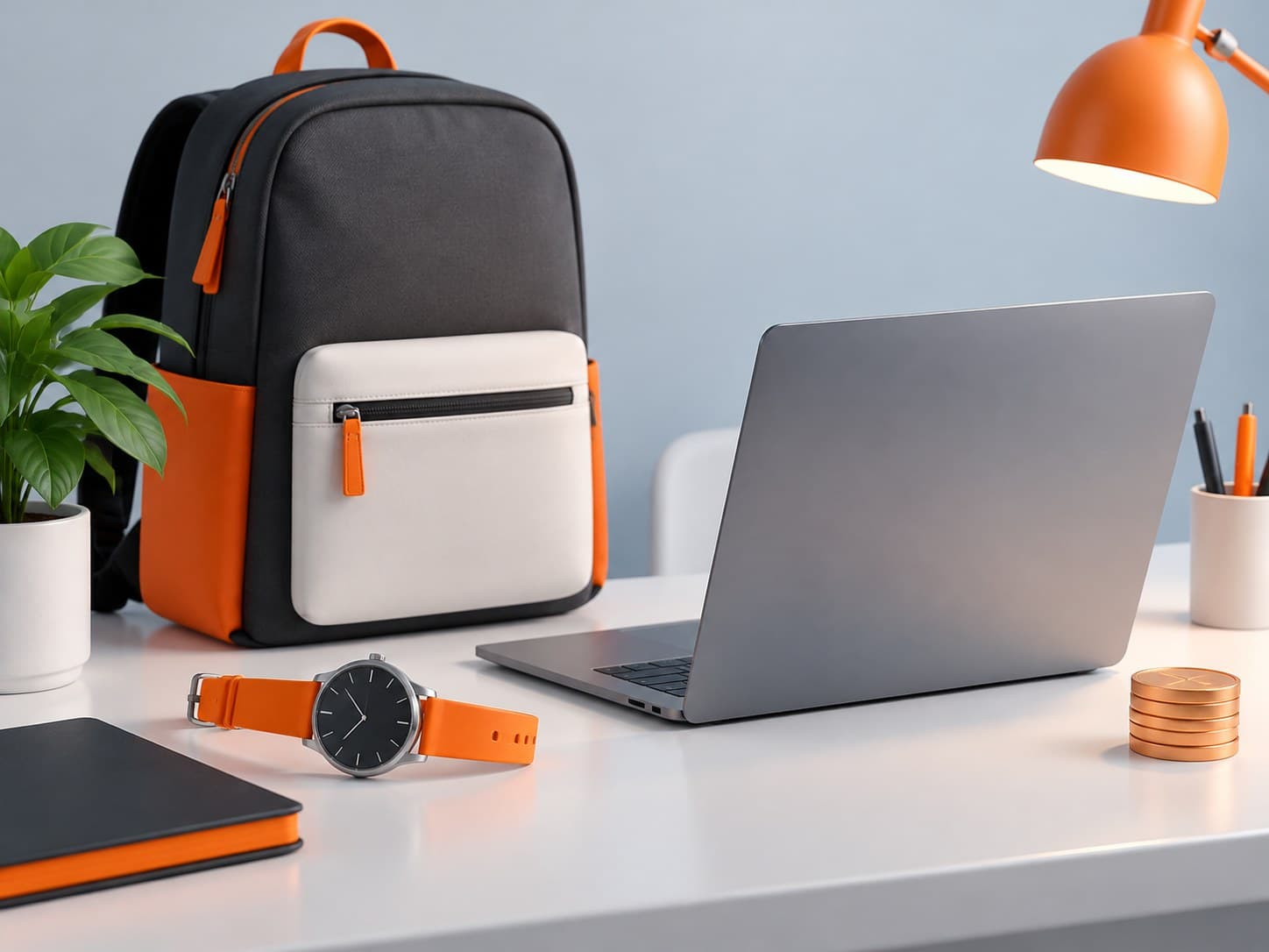 Illustration of a desk with a backpack, a wristwatch, a laptop and a small coin stack, representing part-time jobs for students
